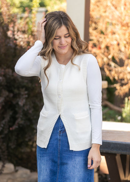 Pocket Front Button Down Knit Vest FF Layering Essentials
