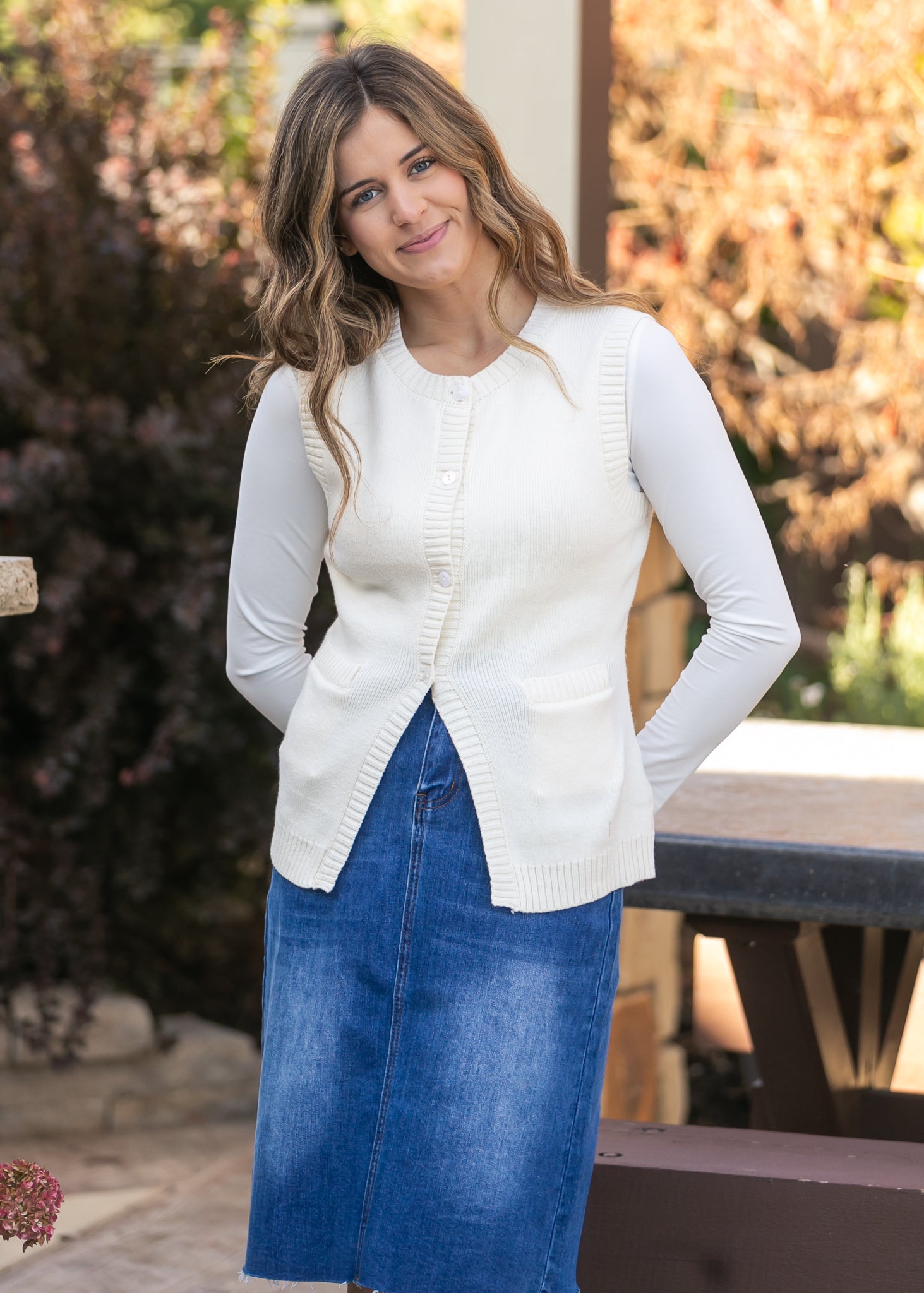 Pocket Front Button Down Knit Vest FF Layering Essentials