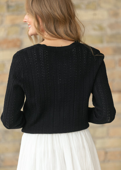 Pointelle Black Long Sleeve Cardigan FF Tops