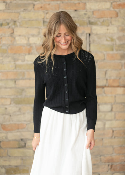 Pointelle Black Long Sleeve Cardigan FF Tops