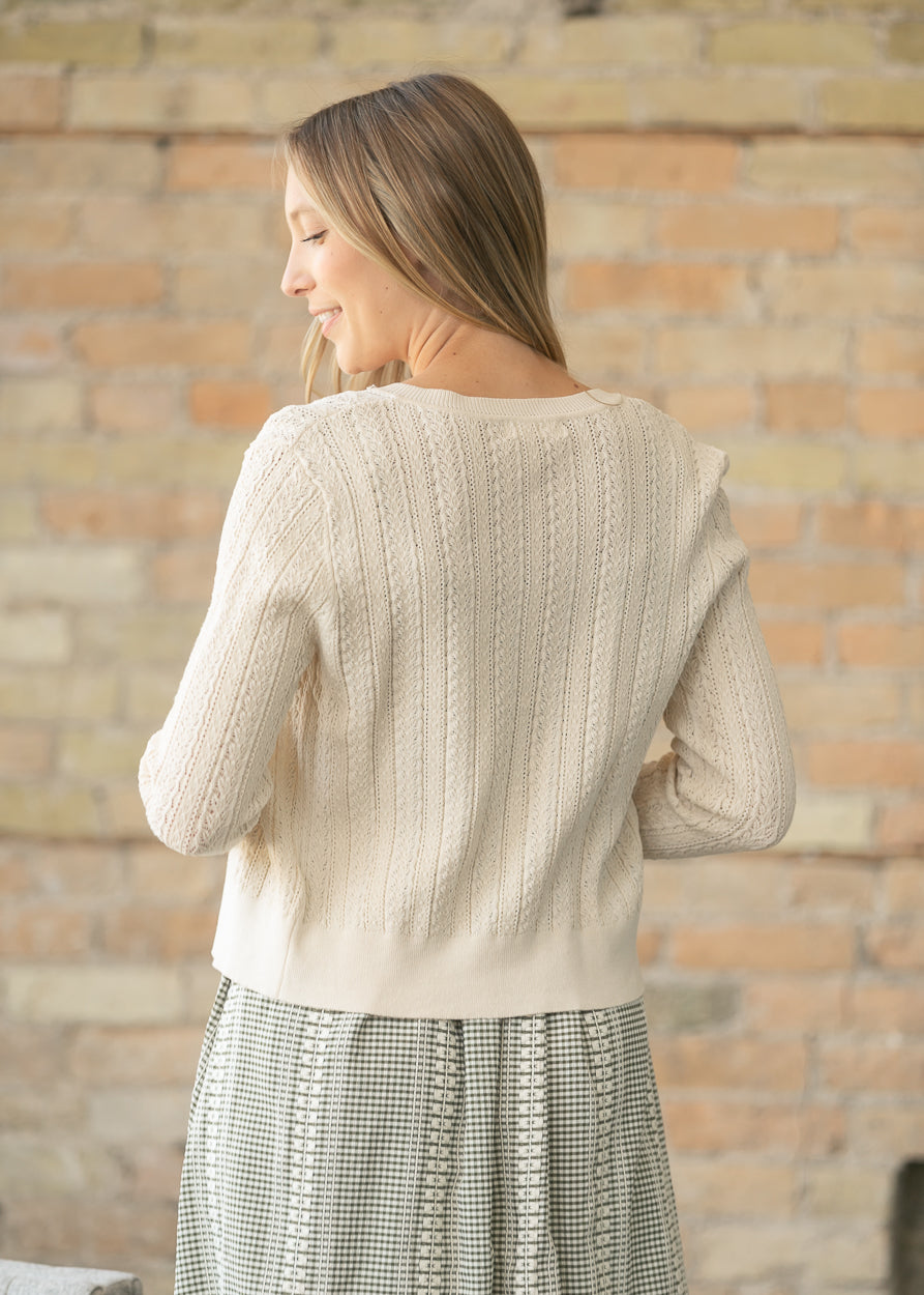 Pointelle Cream Long Sleeve Cardigan FF Tops