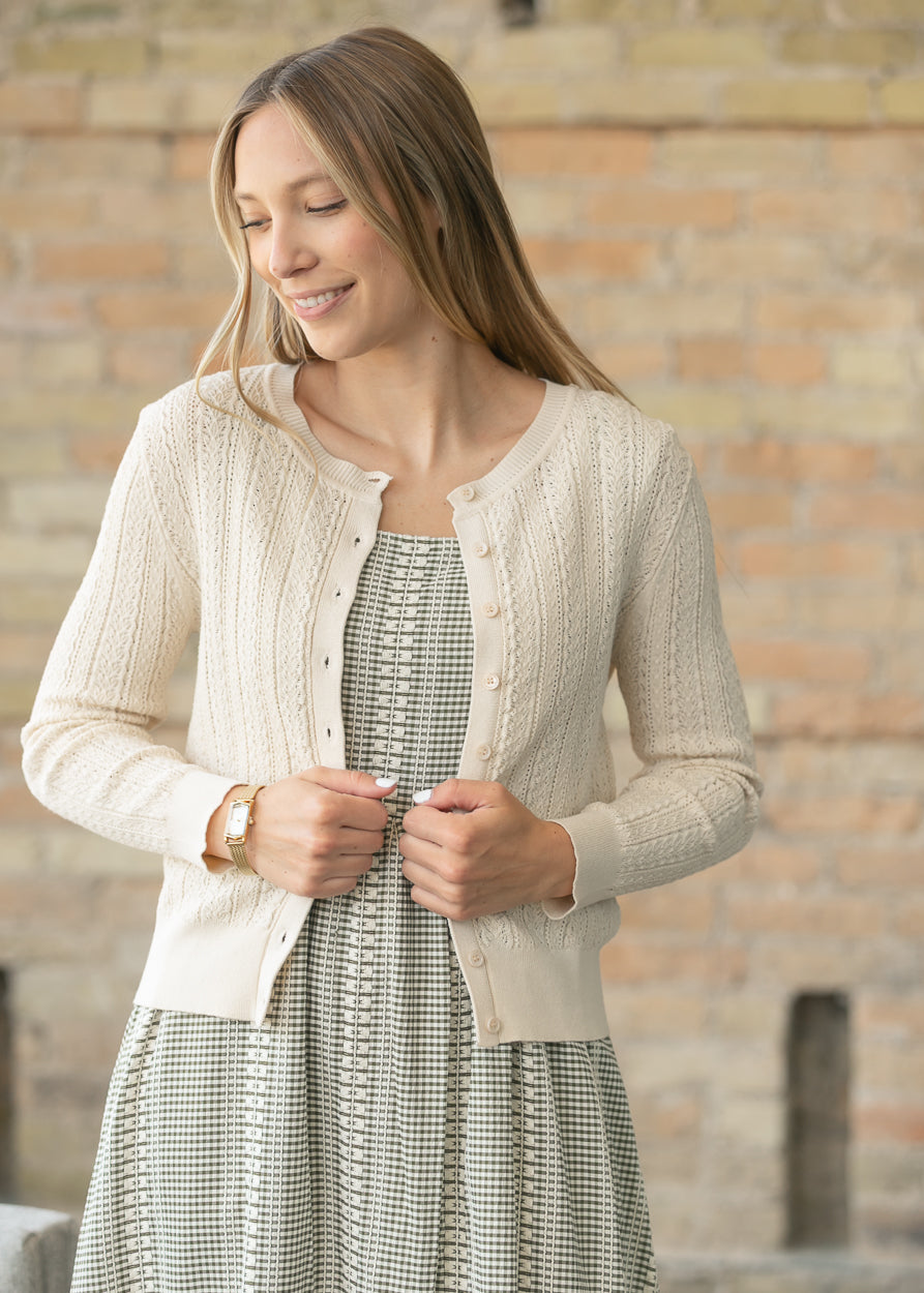 Pointelle Cream Long Sleeve Cardigan FF Tops