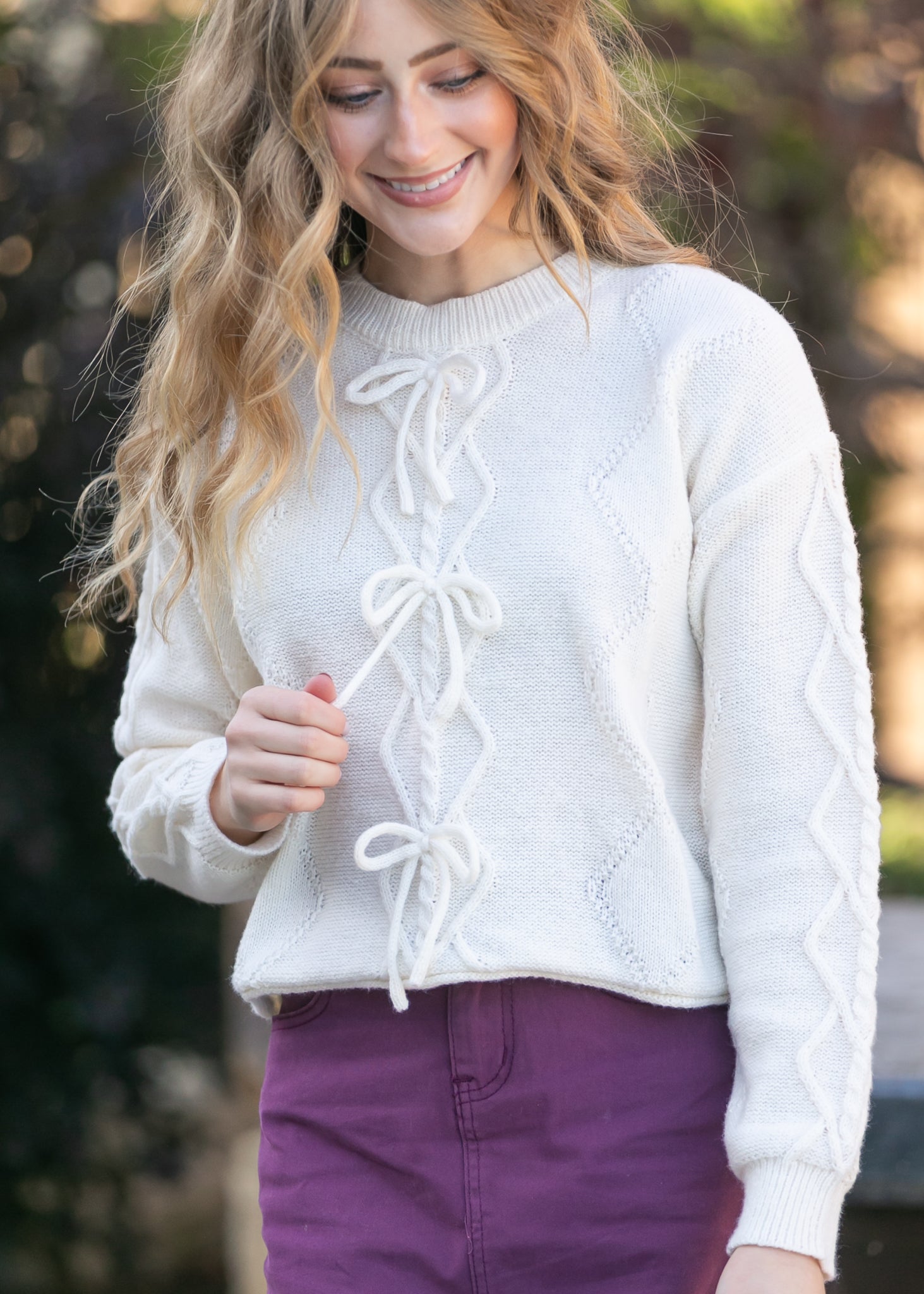 Pointelle Knit Bow Sweater FF Tops