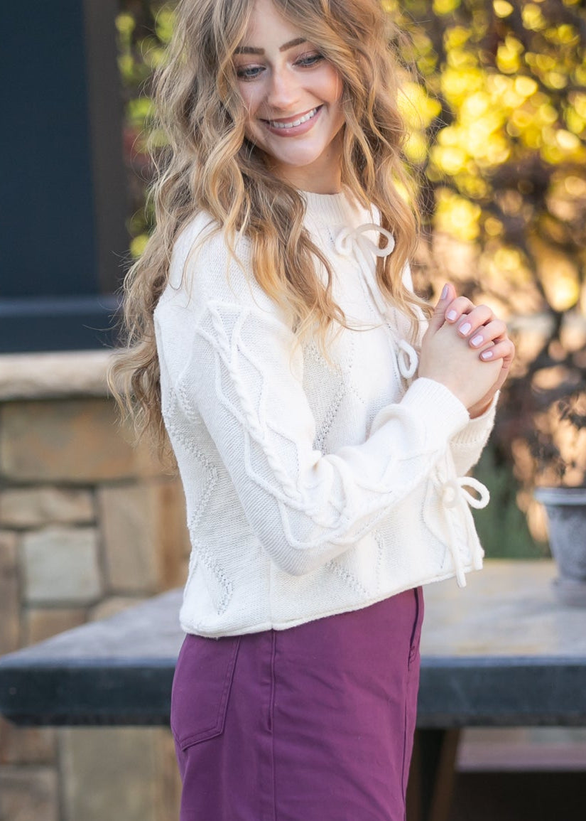 Pointelle Knit Bow Sweater FF Tops