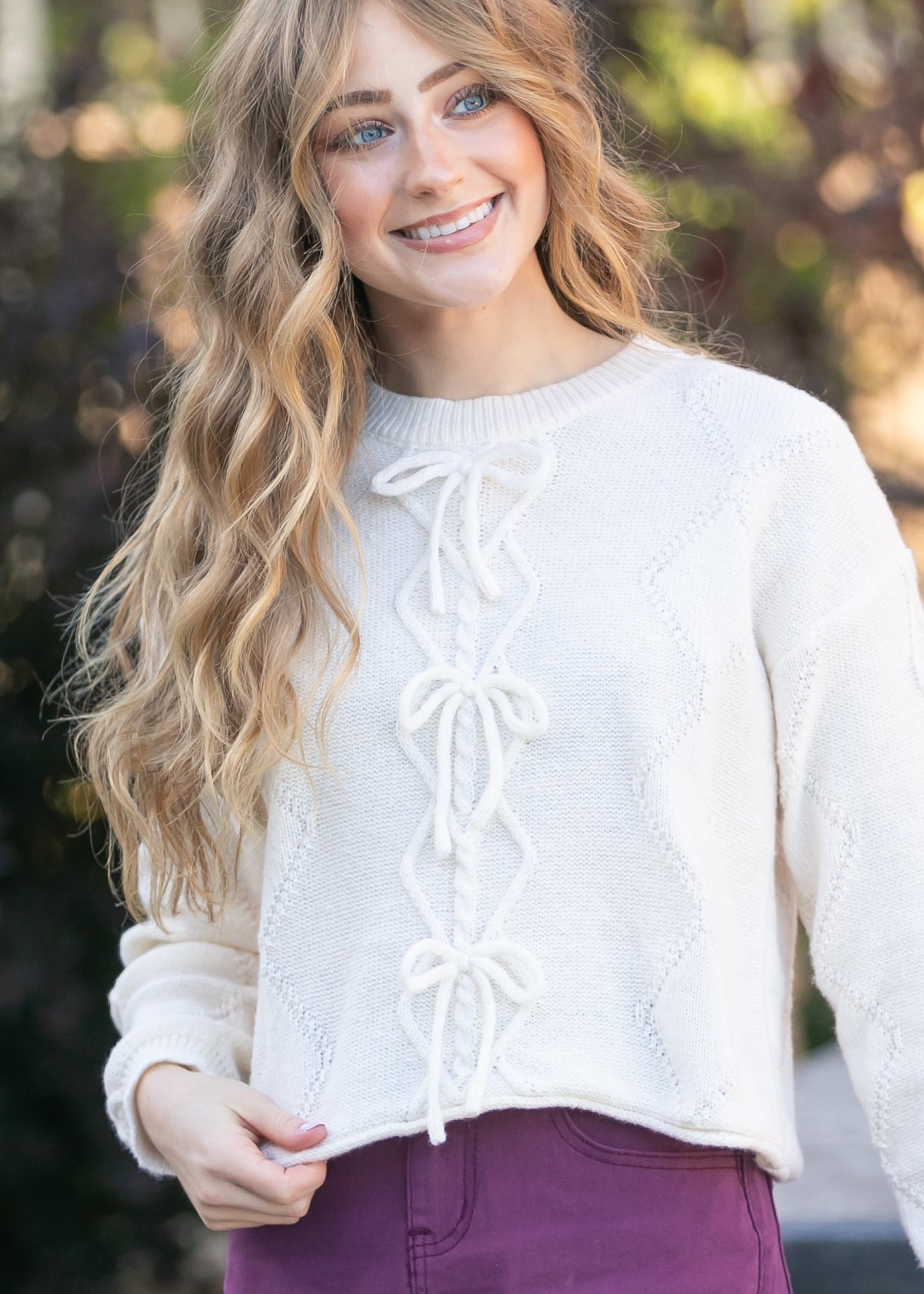 Pointelle Knit Bow Sweater FF Tops