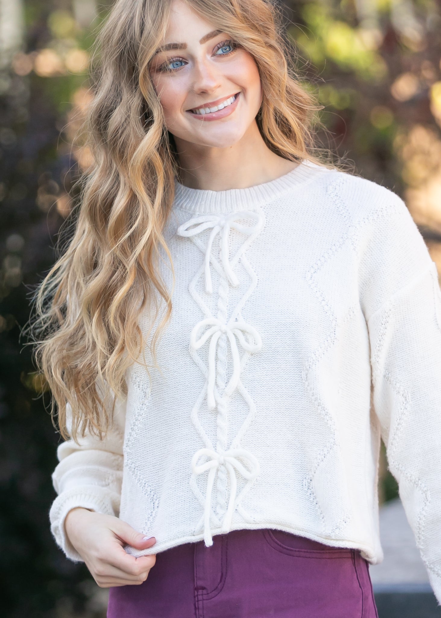 Pointelle Knit Bow Sweater FF Tops