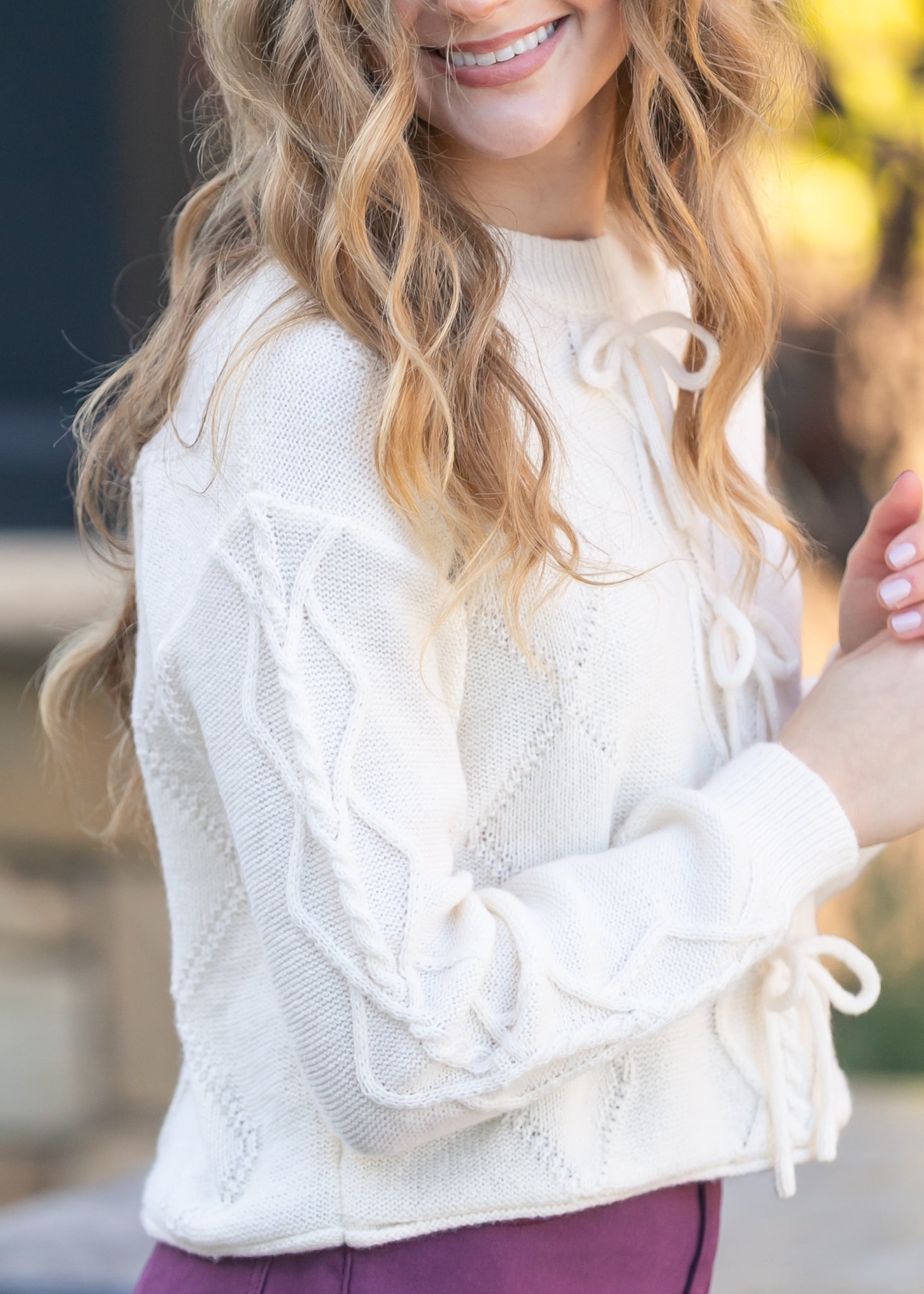 Pointelle Knit Bow Sweater FF Tops