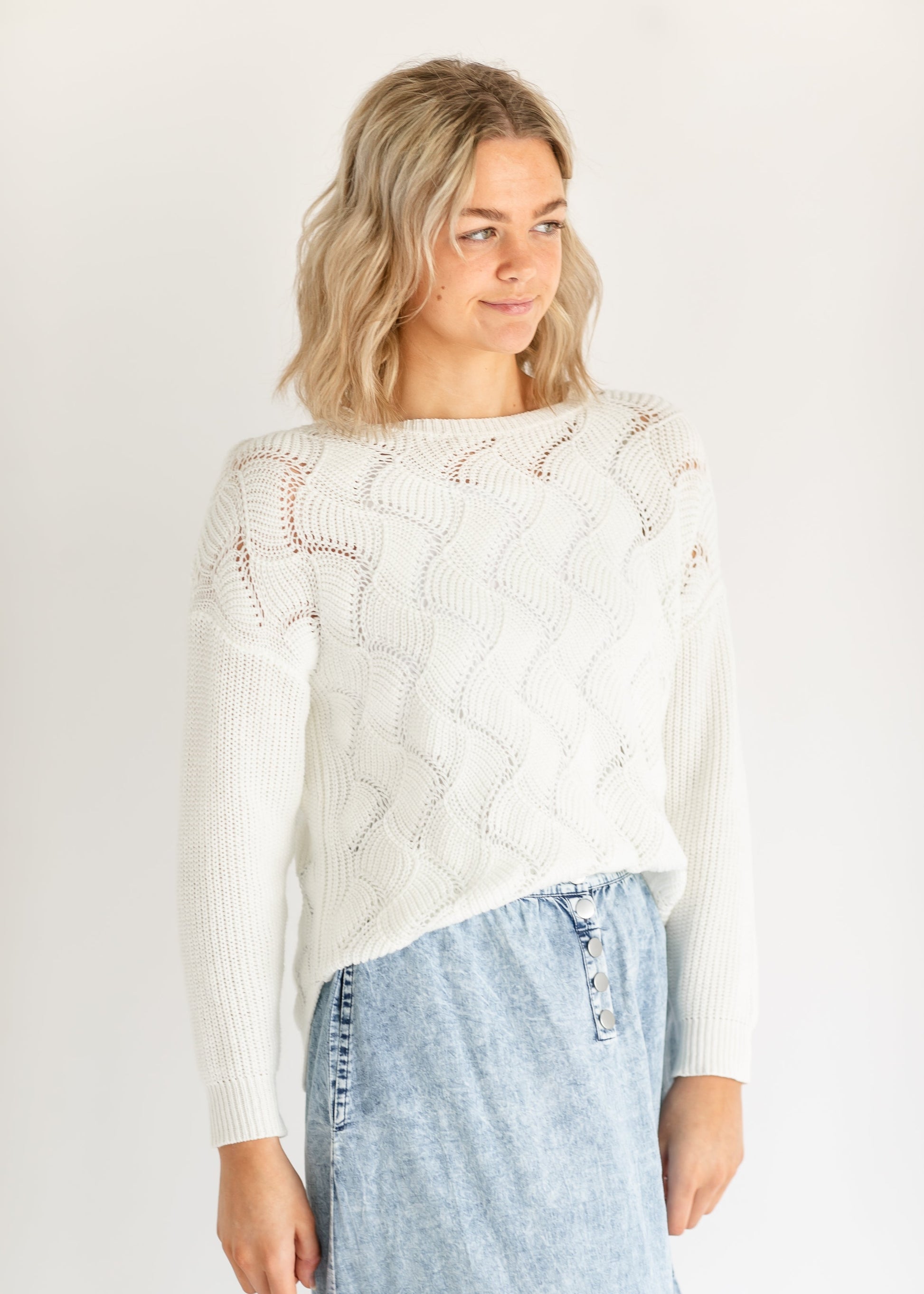 Pointelle Knit Long Sleeve Sweater FF Tops