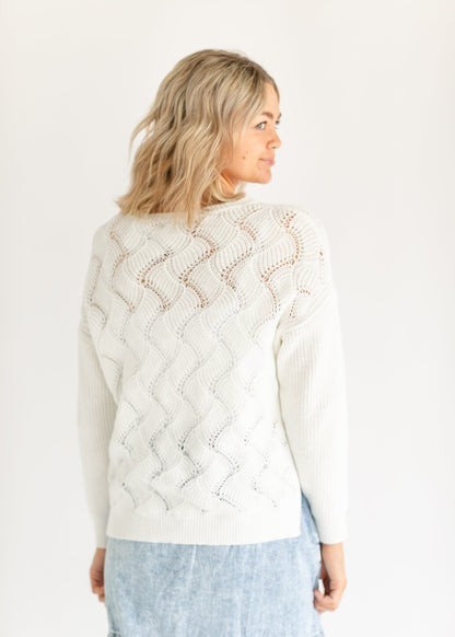 Pointelle Knit Long Sleeve Sweater FF Tops