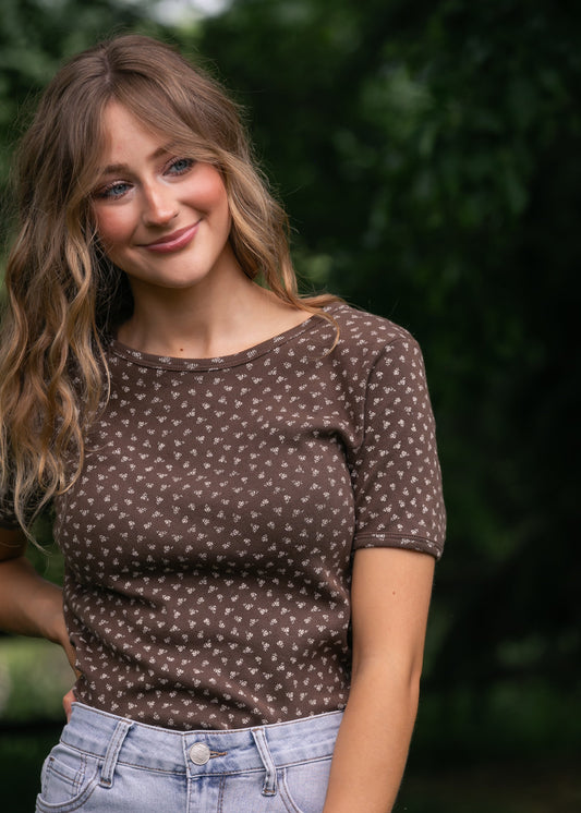 Pointelle Short Sleeve Tee FF Tops Brown / S