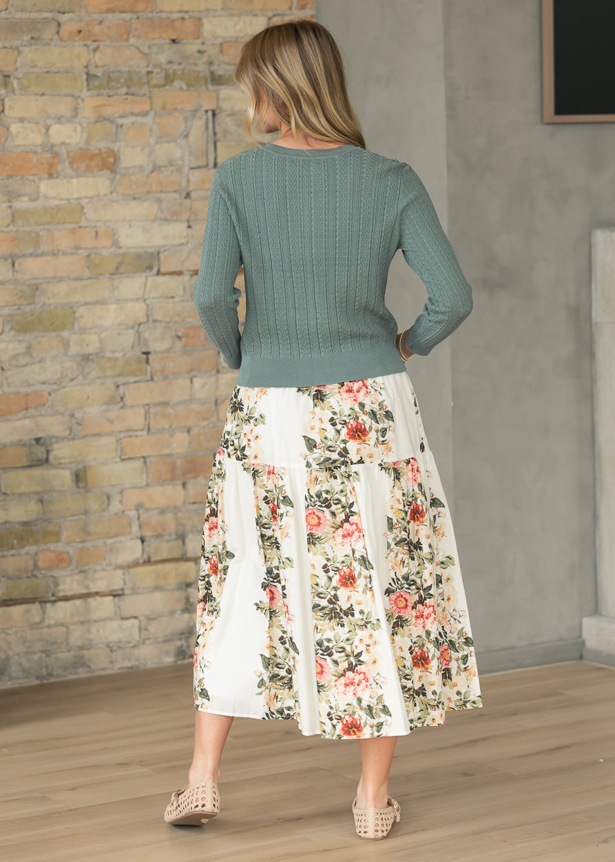 Pointelle Spruce Long Sleeve Cardigan FF Tops