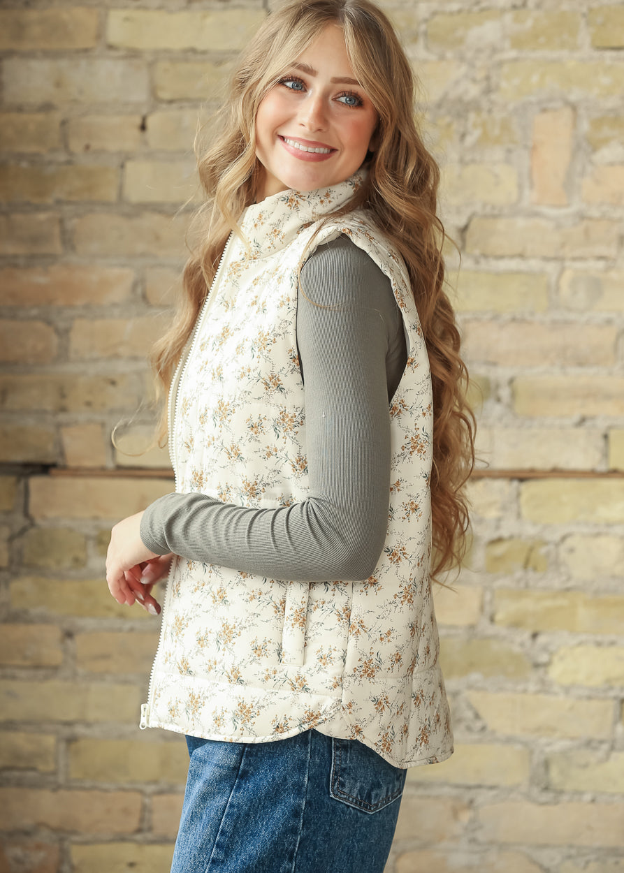 Polar Collar Floral Printed Vest FF Tops