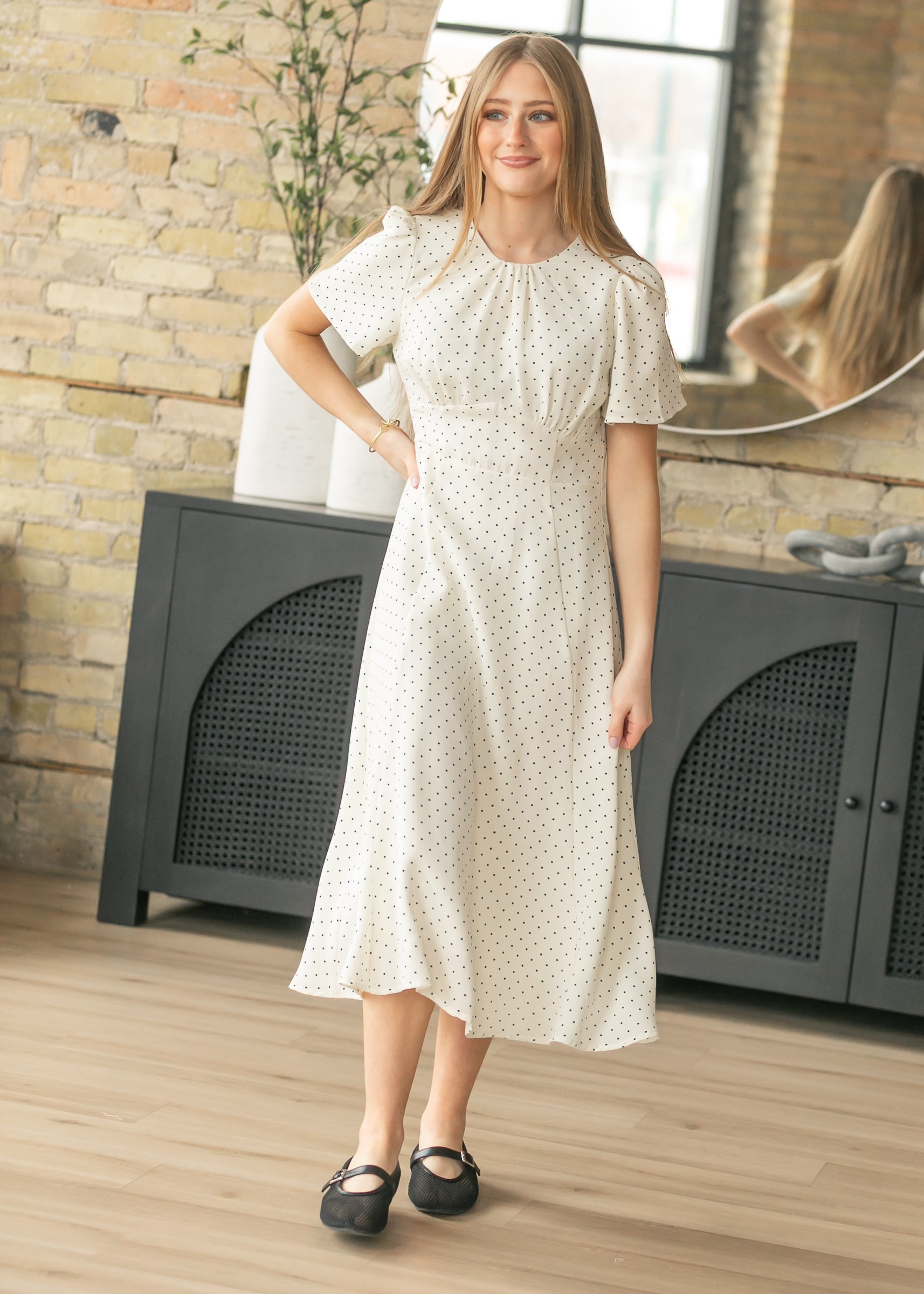Polka Dot Flutter Sleeve Midi Dress FF Dresses