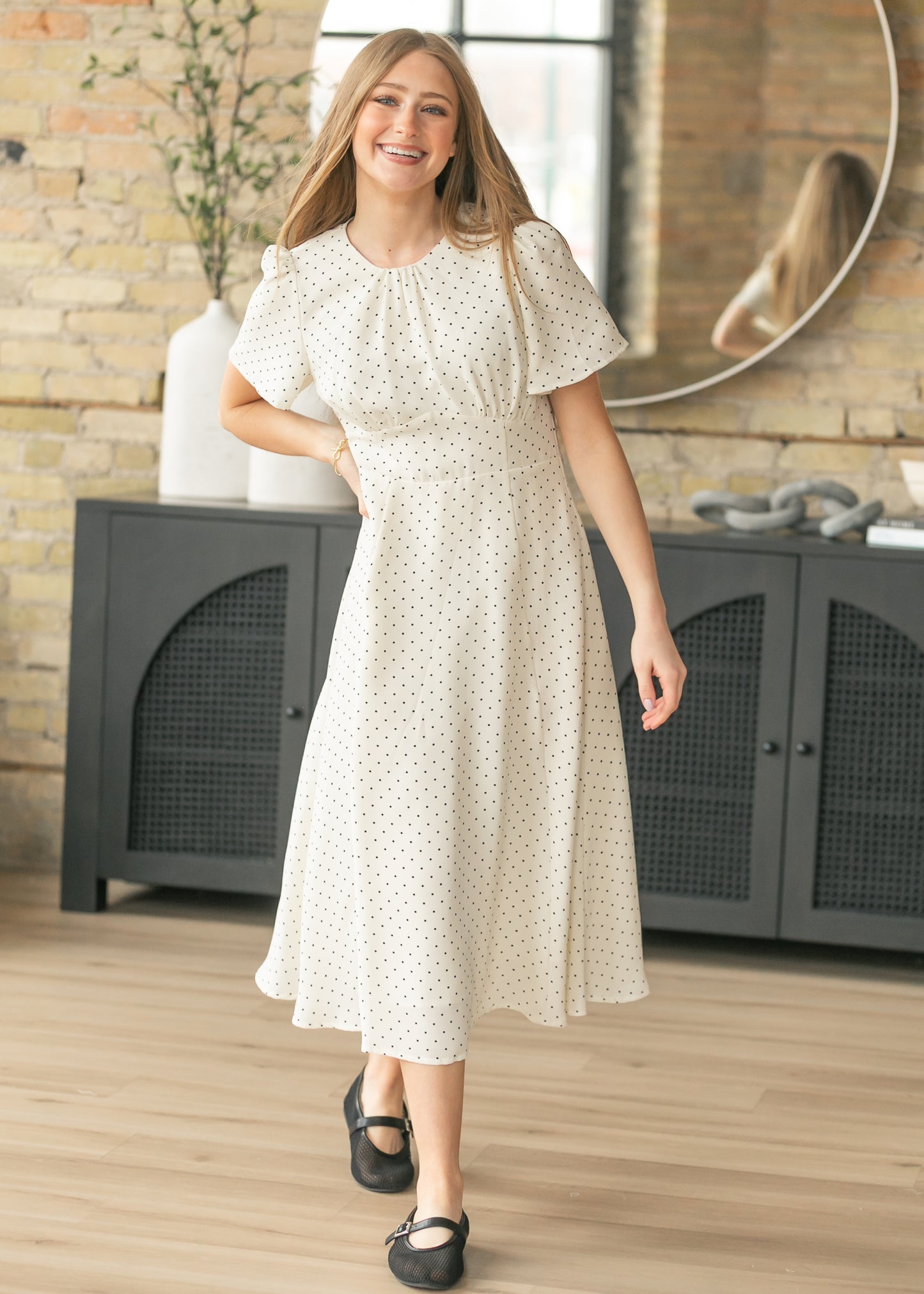 Polka Dot Flutter Sleeve Midi Dress FF Dresses