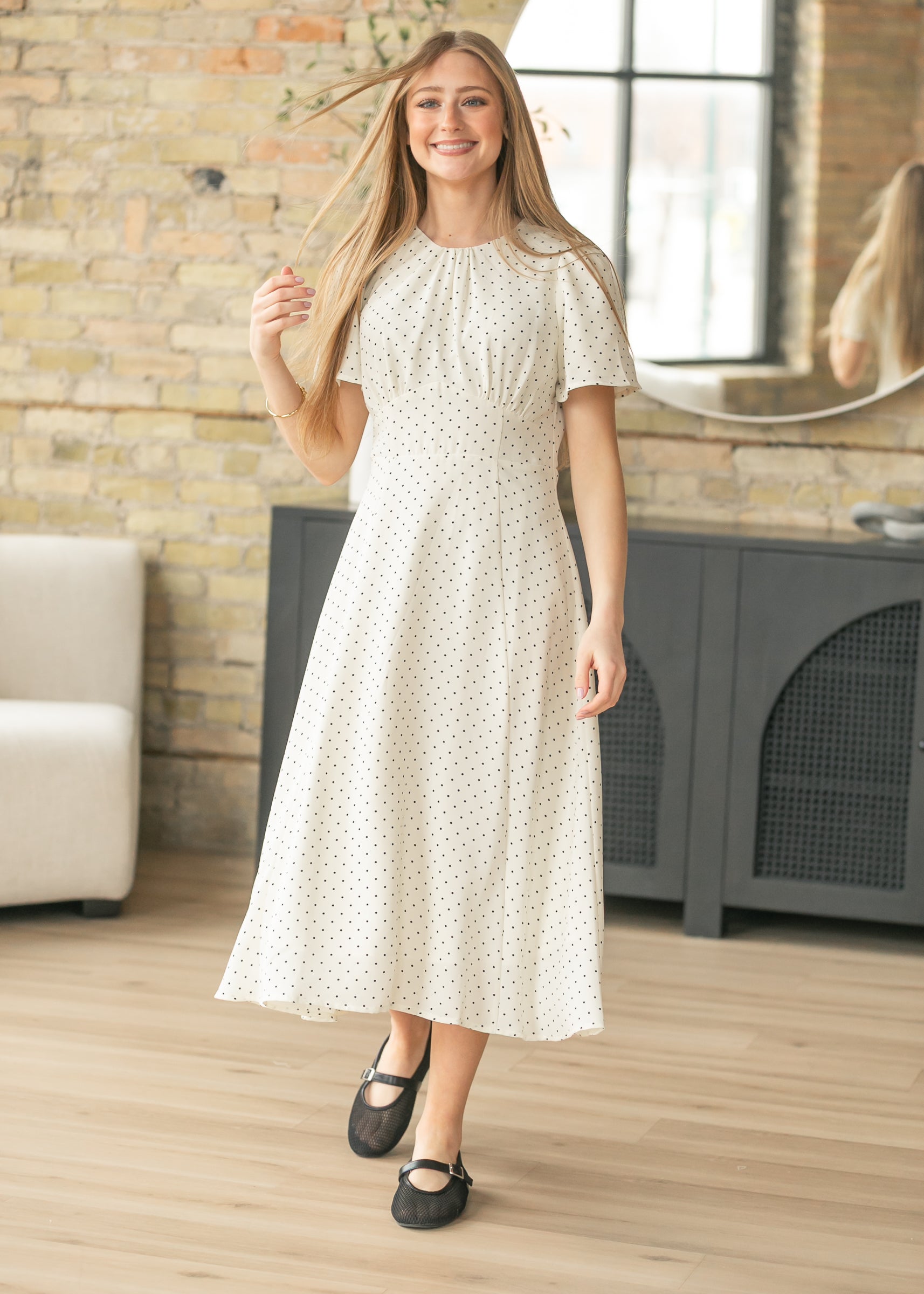 flutter sleeve midi dress Polka Dot Flutter Sleeve Midi Dress, Large