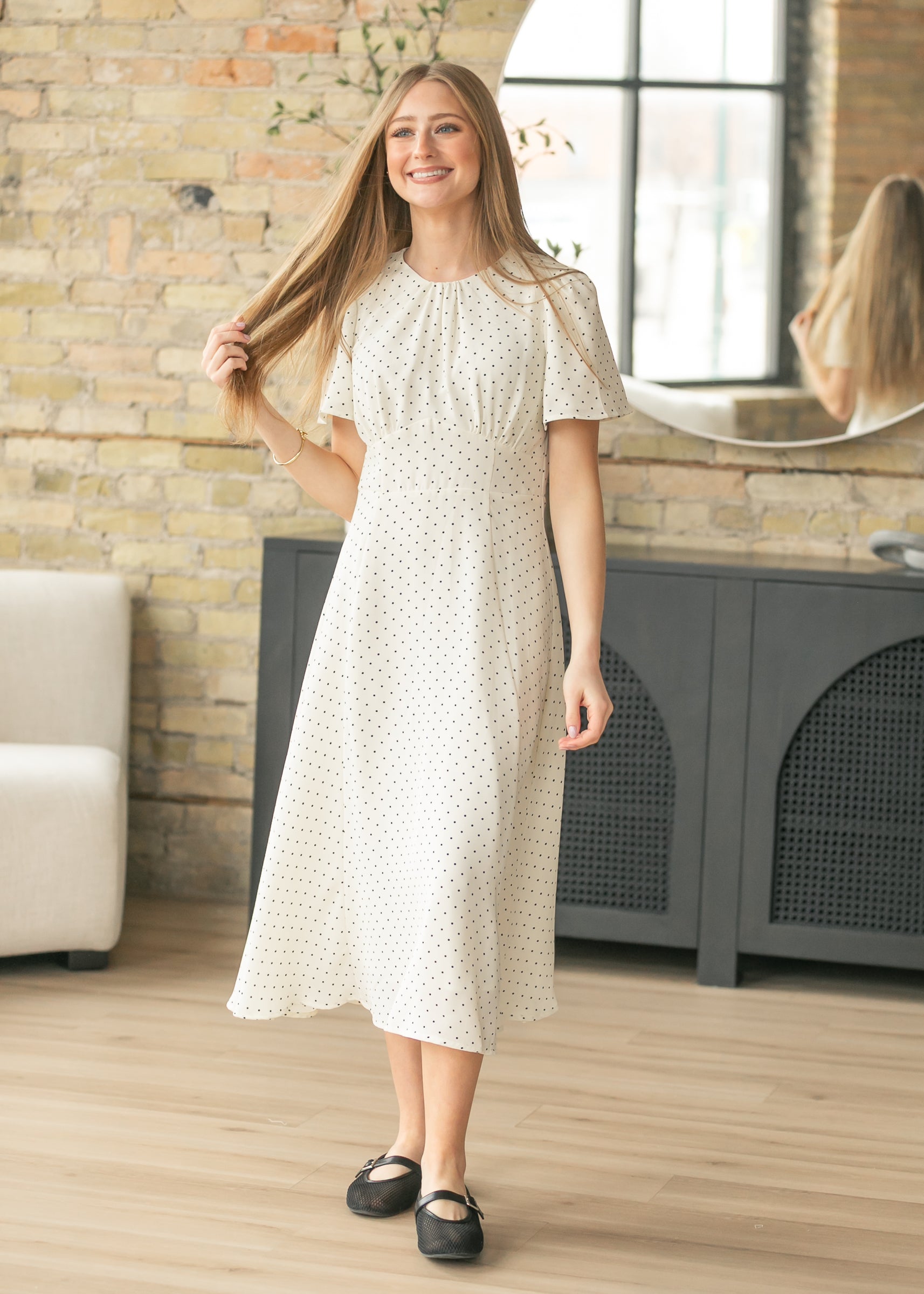 midi dress flutter sleeve Polka Dot Flutter Sleeve Midi Dress, Large