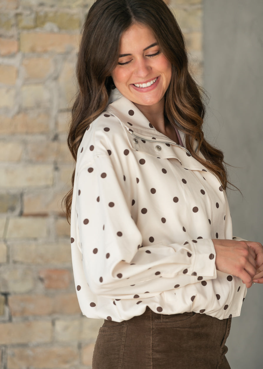 Polka Dot Mock Neck Bomber Jacket FF Tops