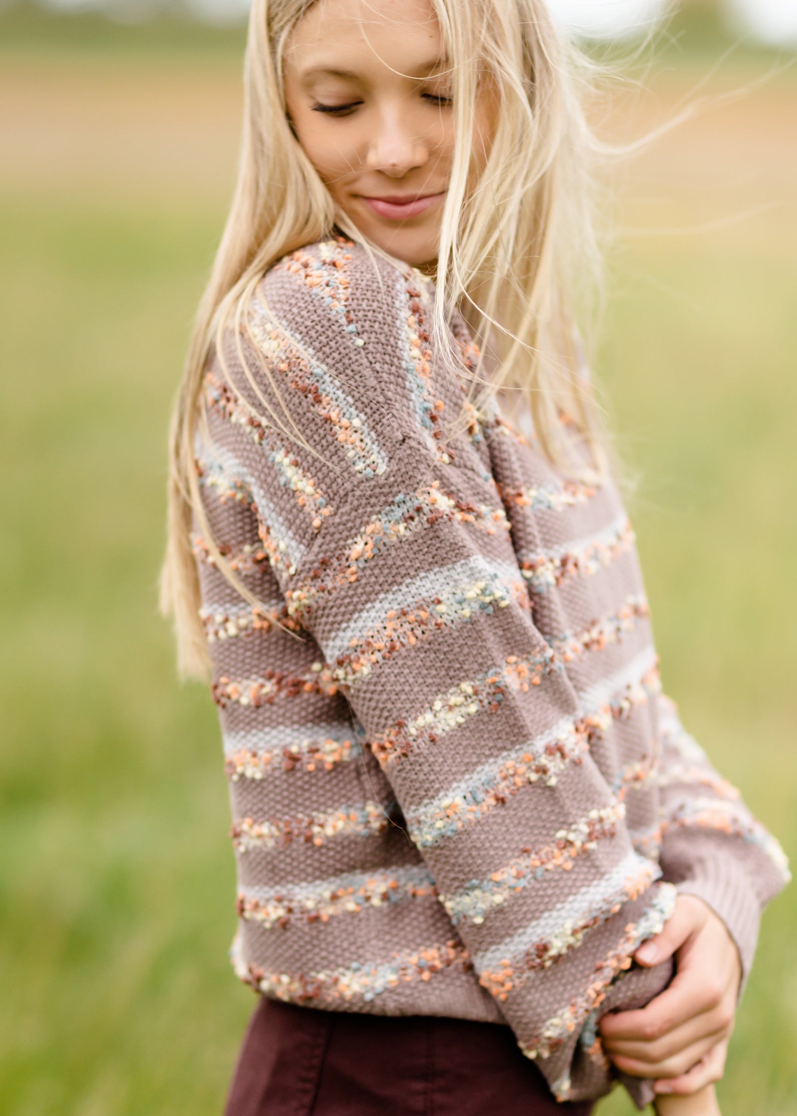 Pom Pom Striped Crew Neck Balloon Sleeve Sweater FF Tops