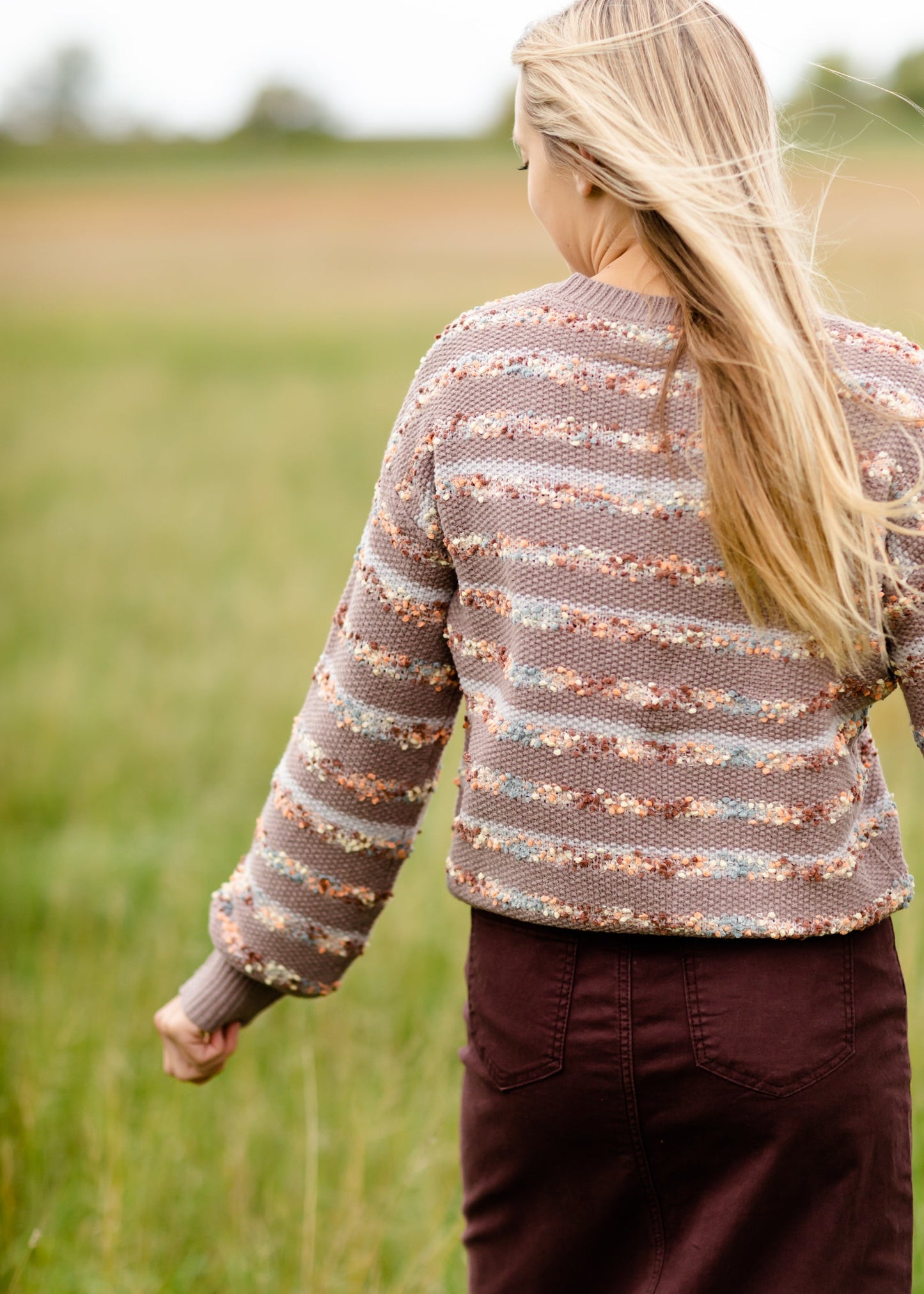 Pom Pom Striped Crew Neck Balloon Sleeve Sweater FF Tops