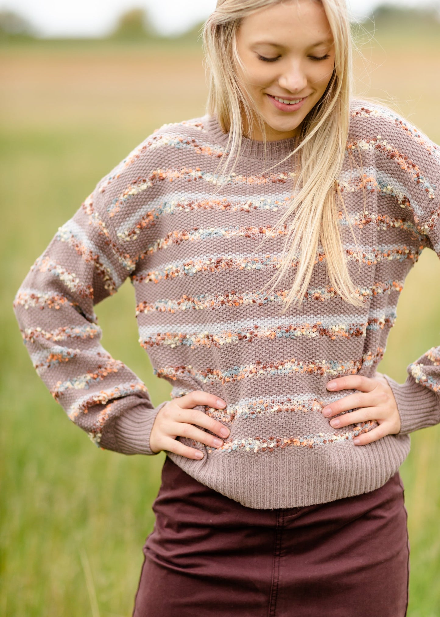 Pom Pom Striped Crew Neck Balloon Sleeve Sweater FF Tops