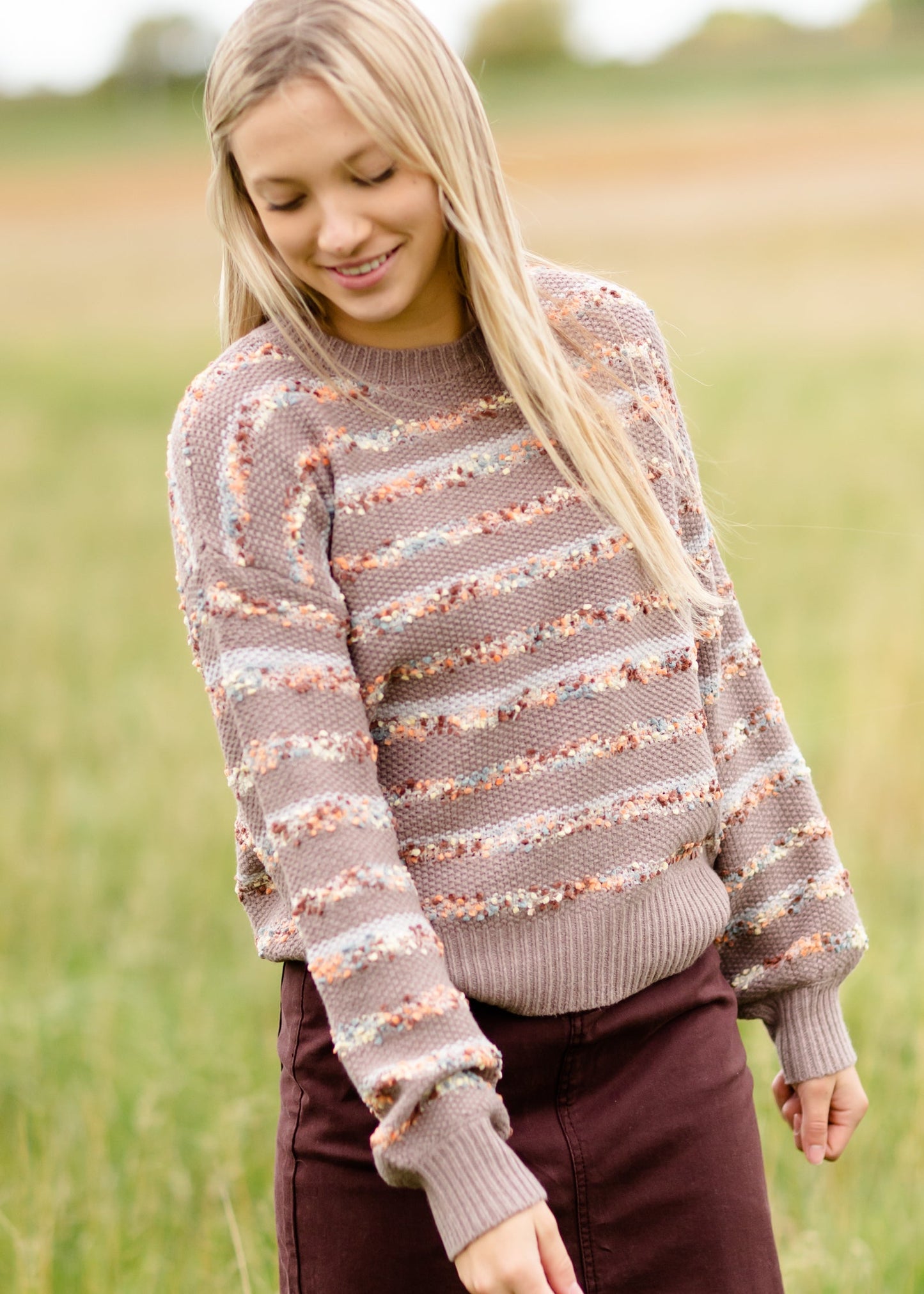 Pom Pom Striped Crew Neck Balloon Sleeve Sweater FF Tops