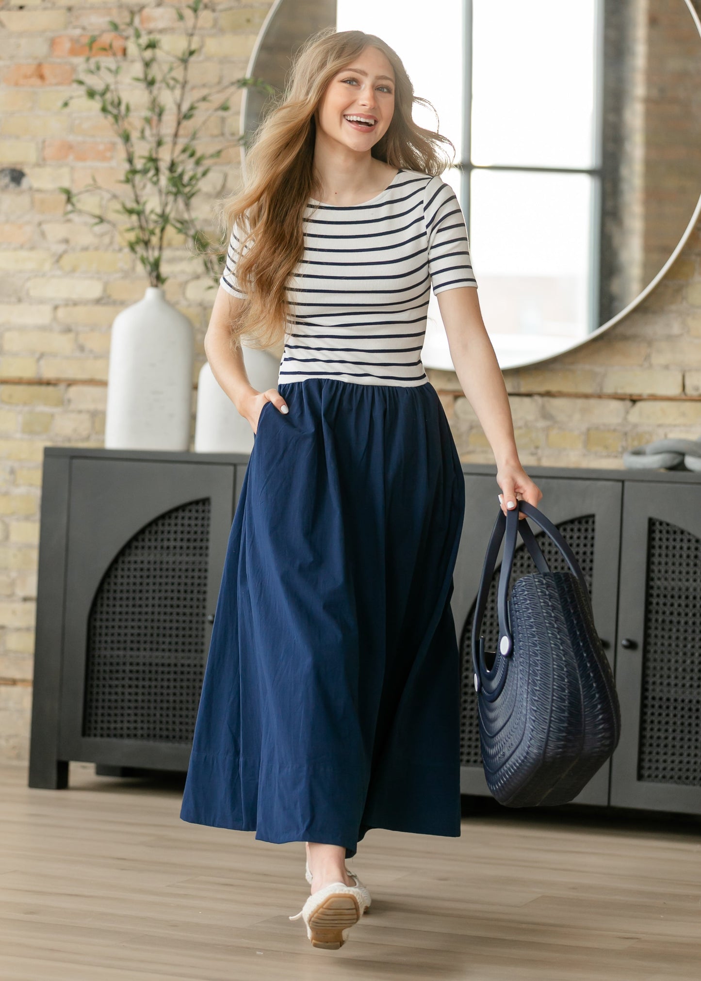 Poplin Knit Mix Short Sleeve Maxi Dress FF Dresses