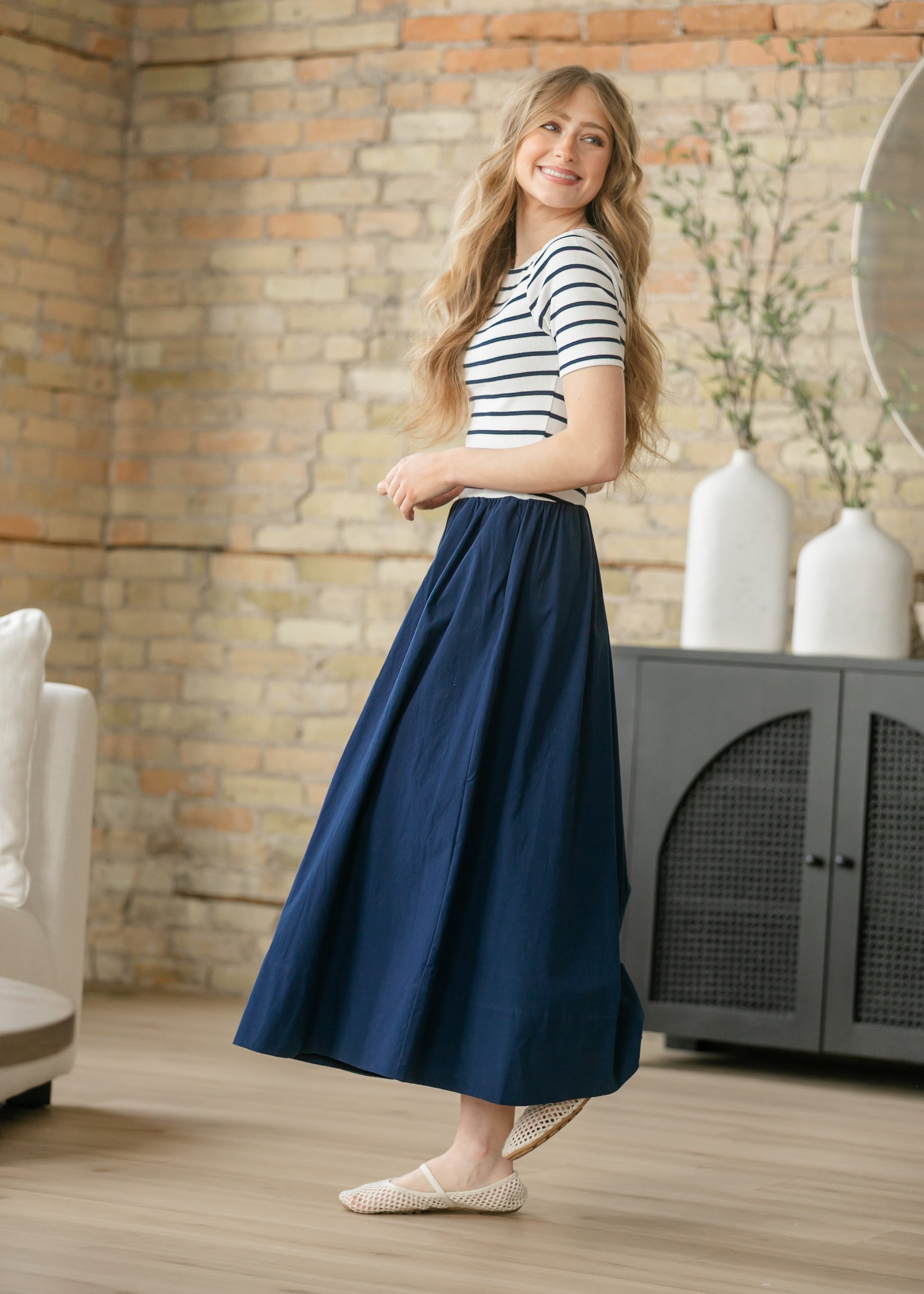 Poplin Knit Mix Short Sleeve Maxi Dress FF Dresses