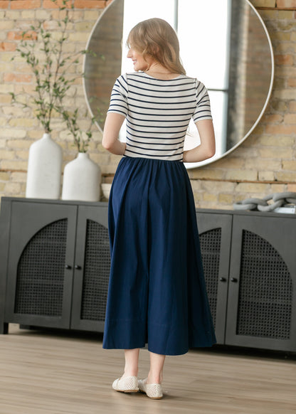 Poplin Knit Mix Short Sleeve Maxi Dress FF Dresses