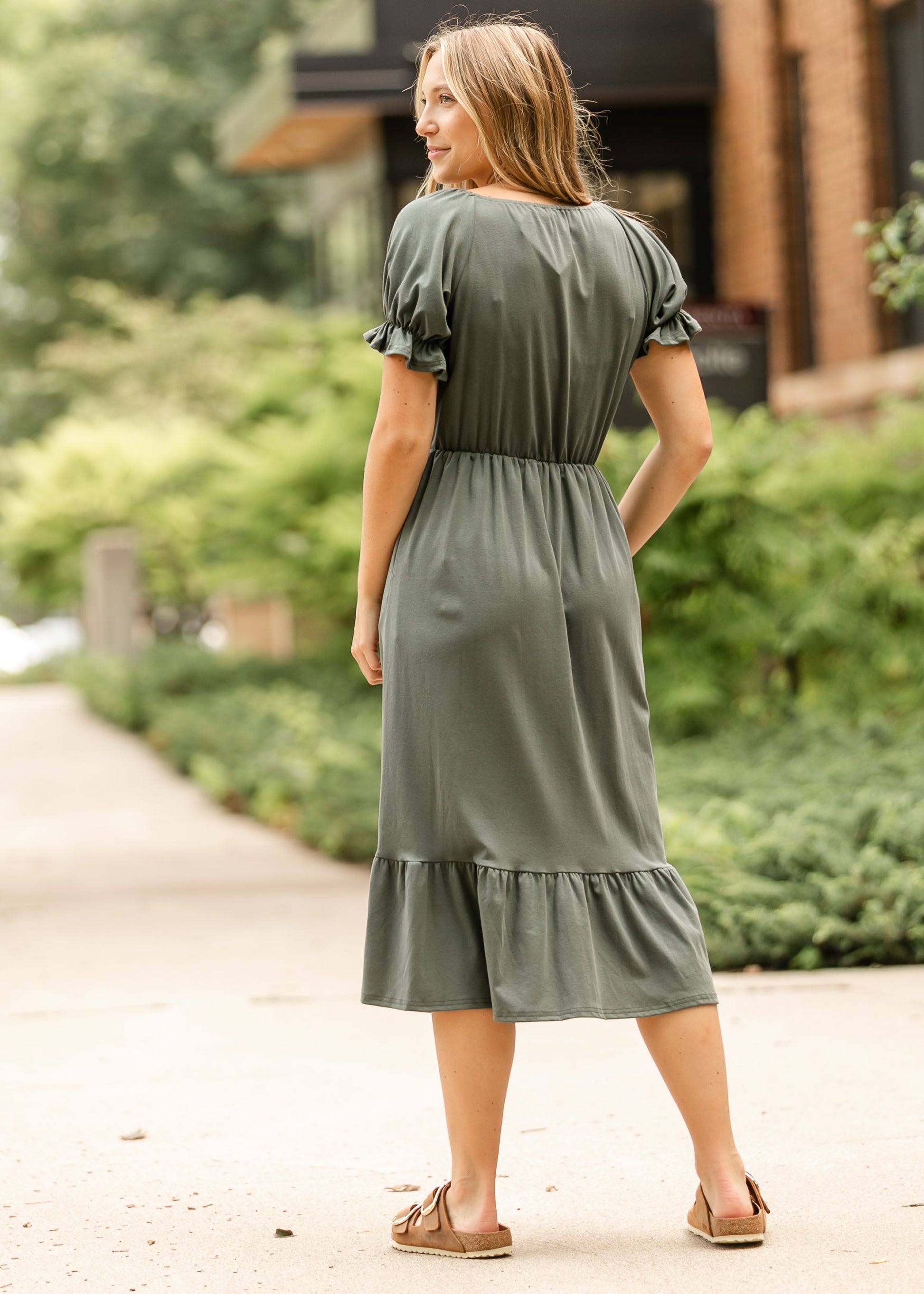 Amy Puff Sleeve Midi Dress, Olive / Medium Amy Puff Sleeve Midi Dress, Olive / Medium