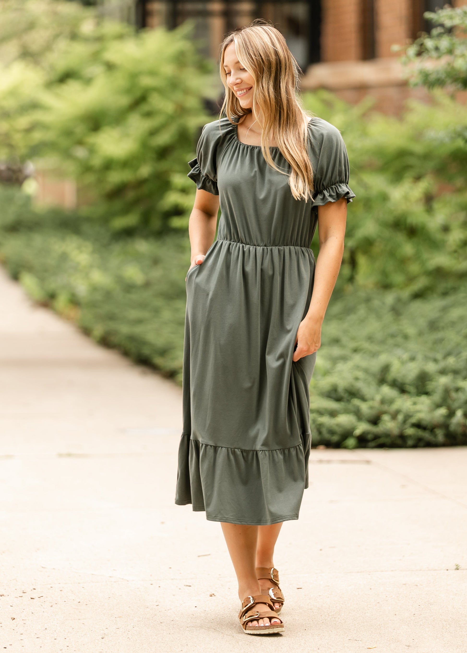 Amy Puff Sleeve Midi Dress, Olive / Medium Amy Puff Sleeve Midi Dress, Olive / Medium