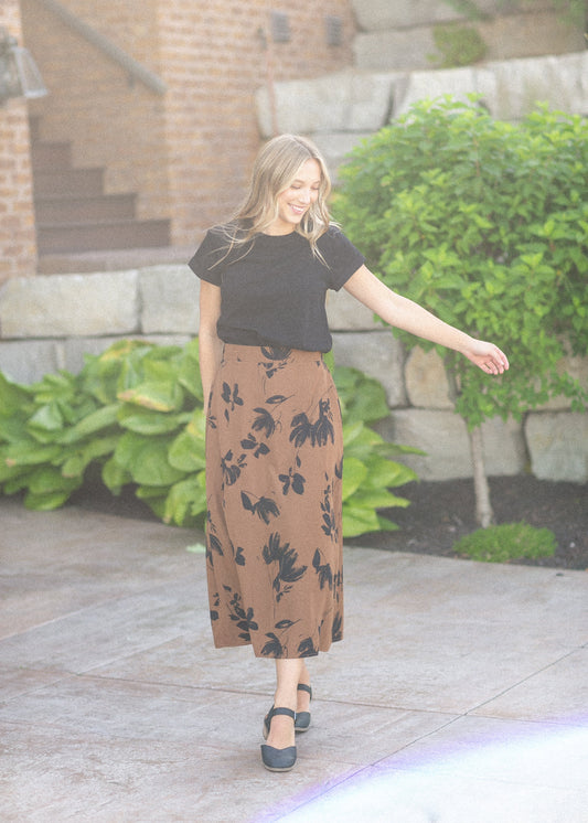 Preorder Braylyn Camel Floral Midi Skirt IC Skirts