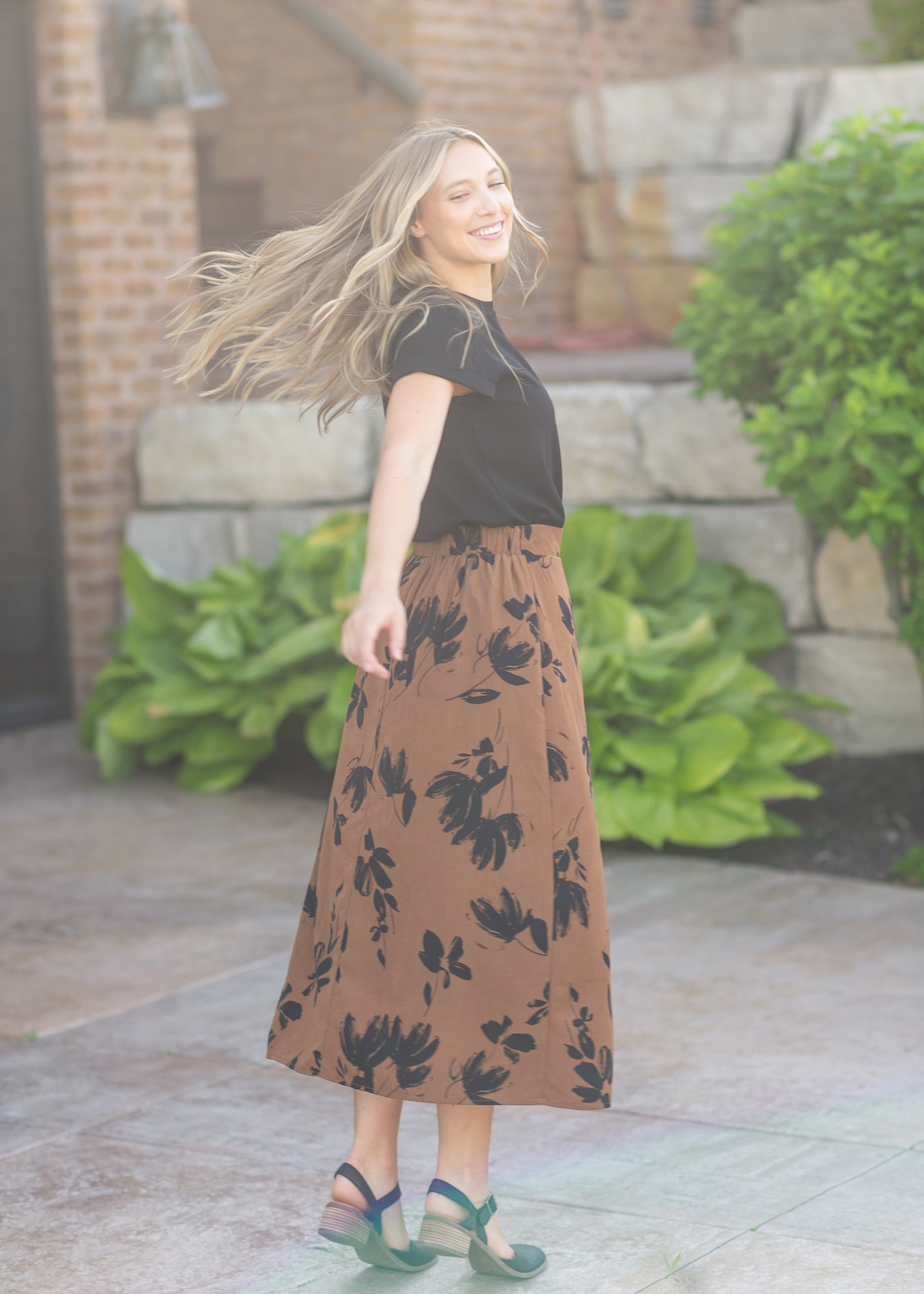 Preorder Braylyn Camel Floral Midi Skirt IC Skirts