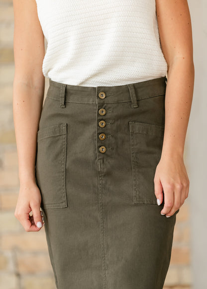 Preorder Kennedy Olive Midi Denim Skirt FF Skirts