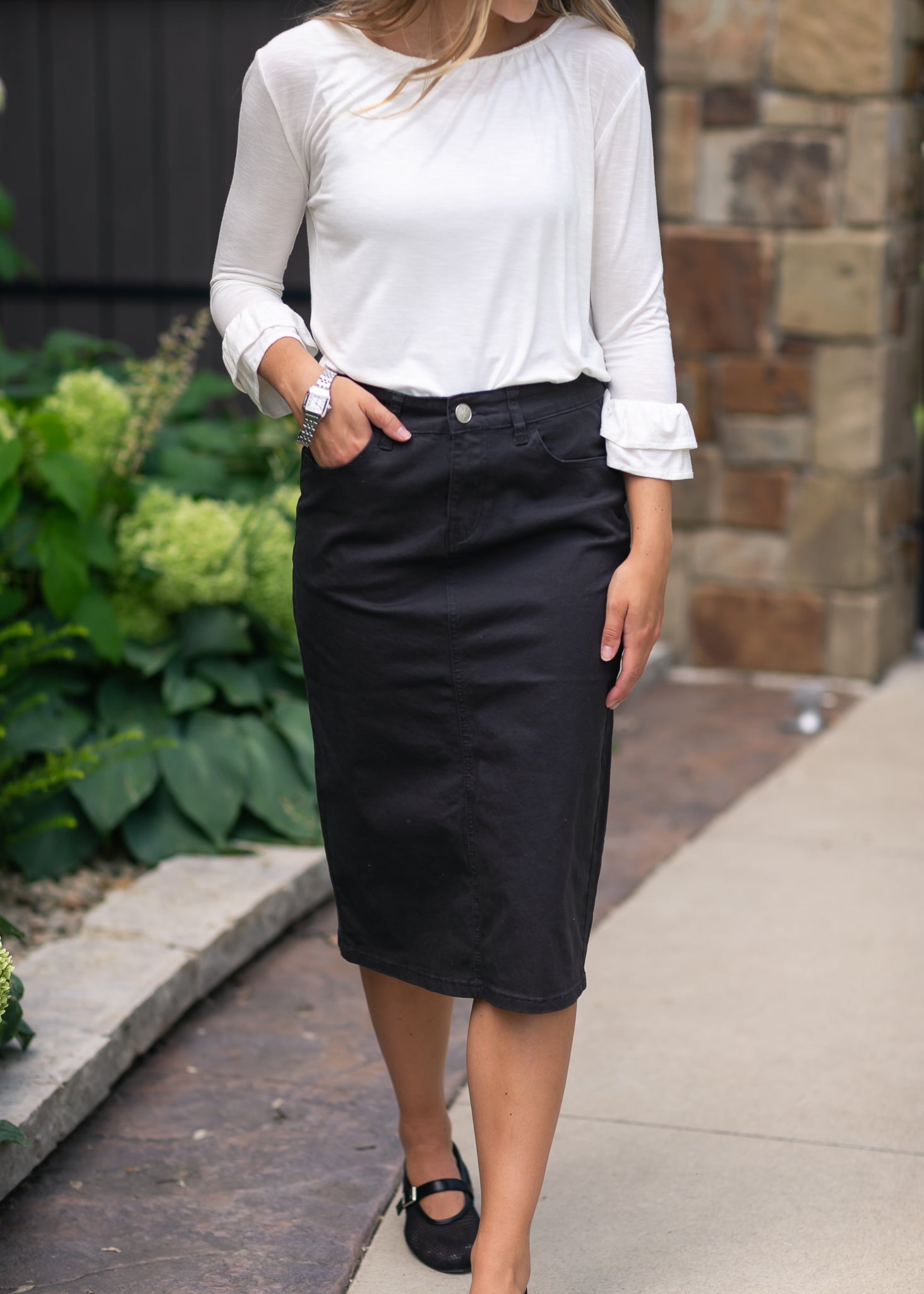 Preorder Remi Onyx Black Denim Midi Skirt IC Skirts 28" / 2