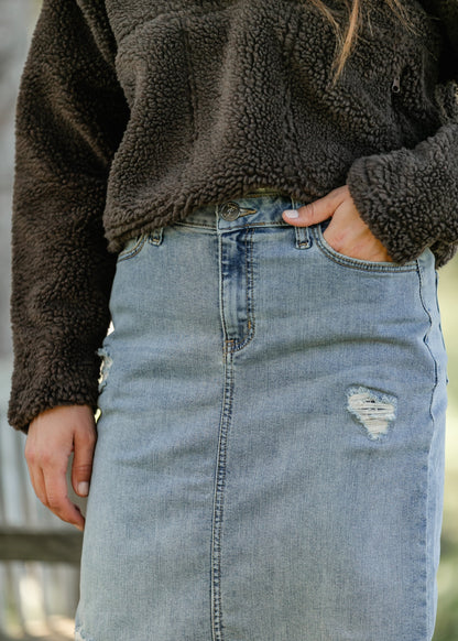 Presley Distressed Denim Midi Skirt IC Skirts
