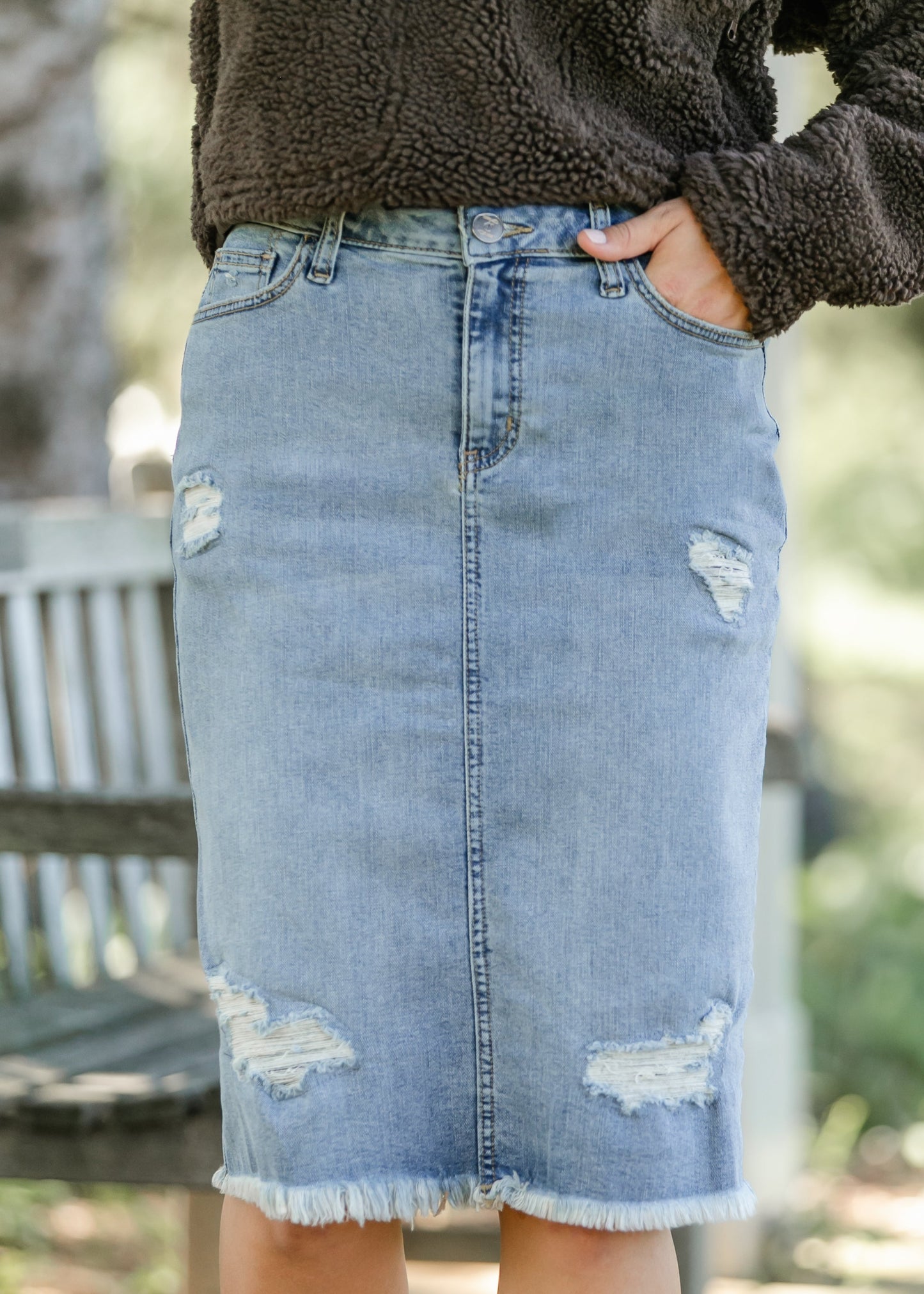 Presley Distressed Denim Midi Skirt IC Skirts