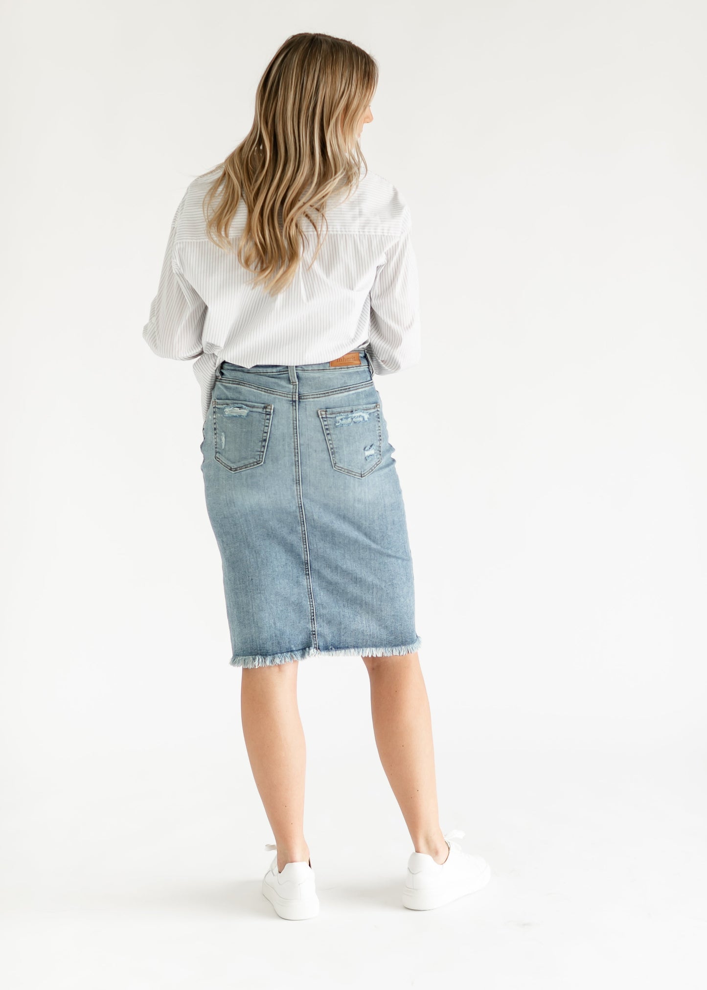 Presley Distressed Denim Midi Skirt IC Skirts