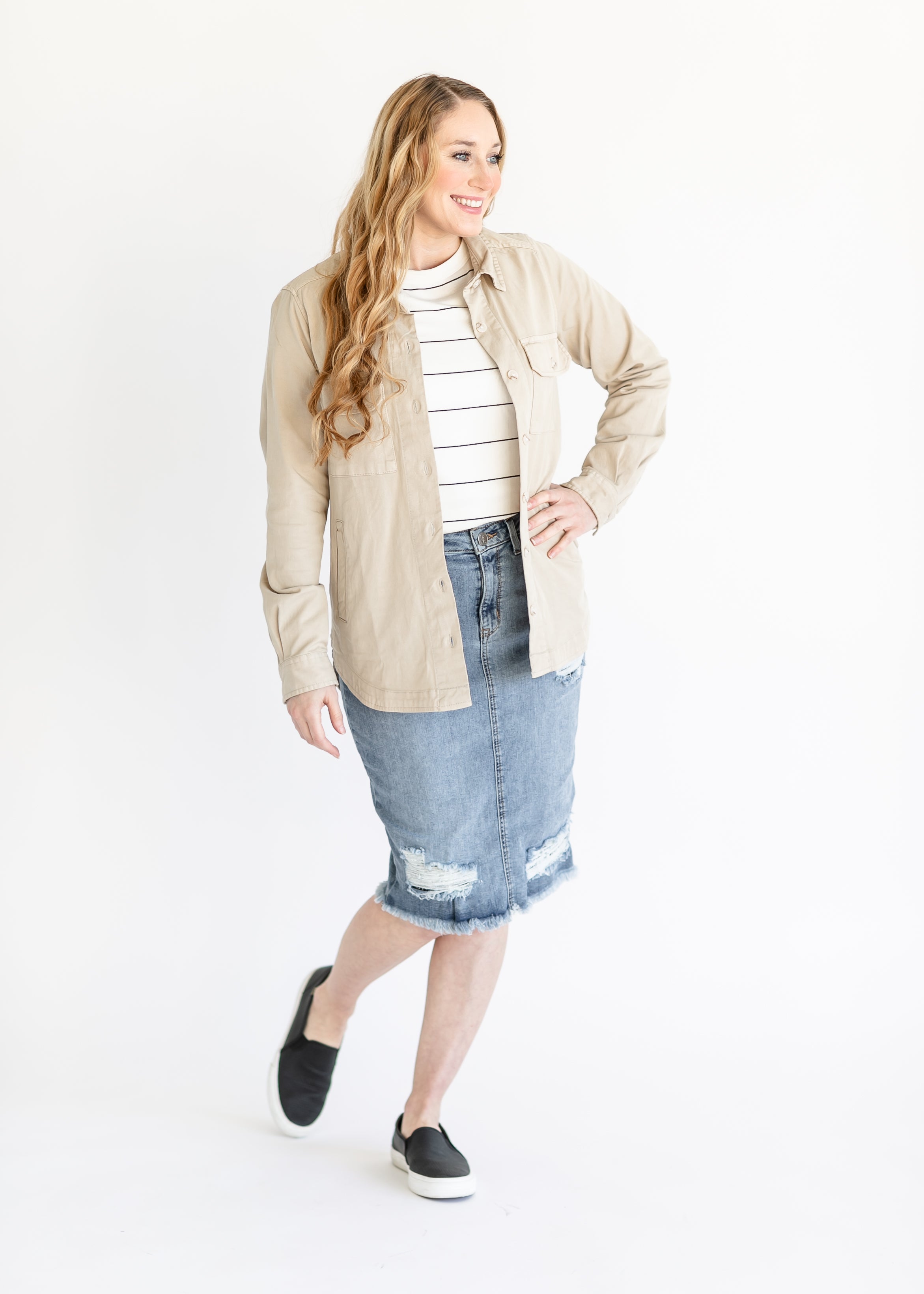 Khaki distressed denim skirt top