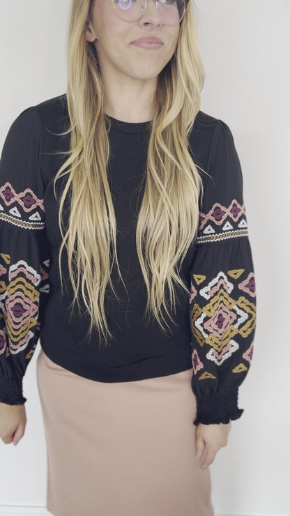 Embroidered Long Sleeve Crewneck Top - FINAL SALE