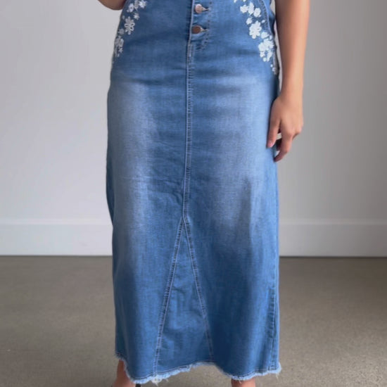 Kayli Long Denim Embroidered Maxi Skirt