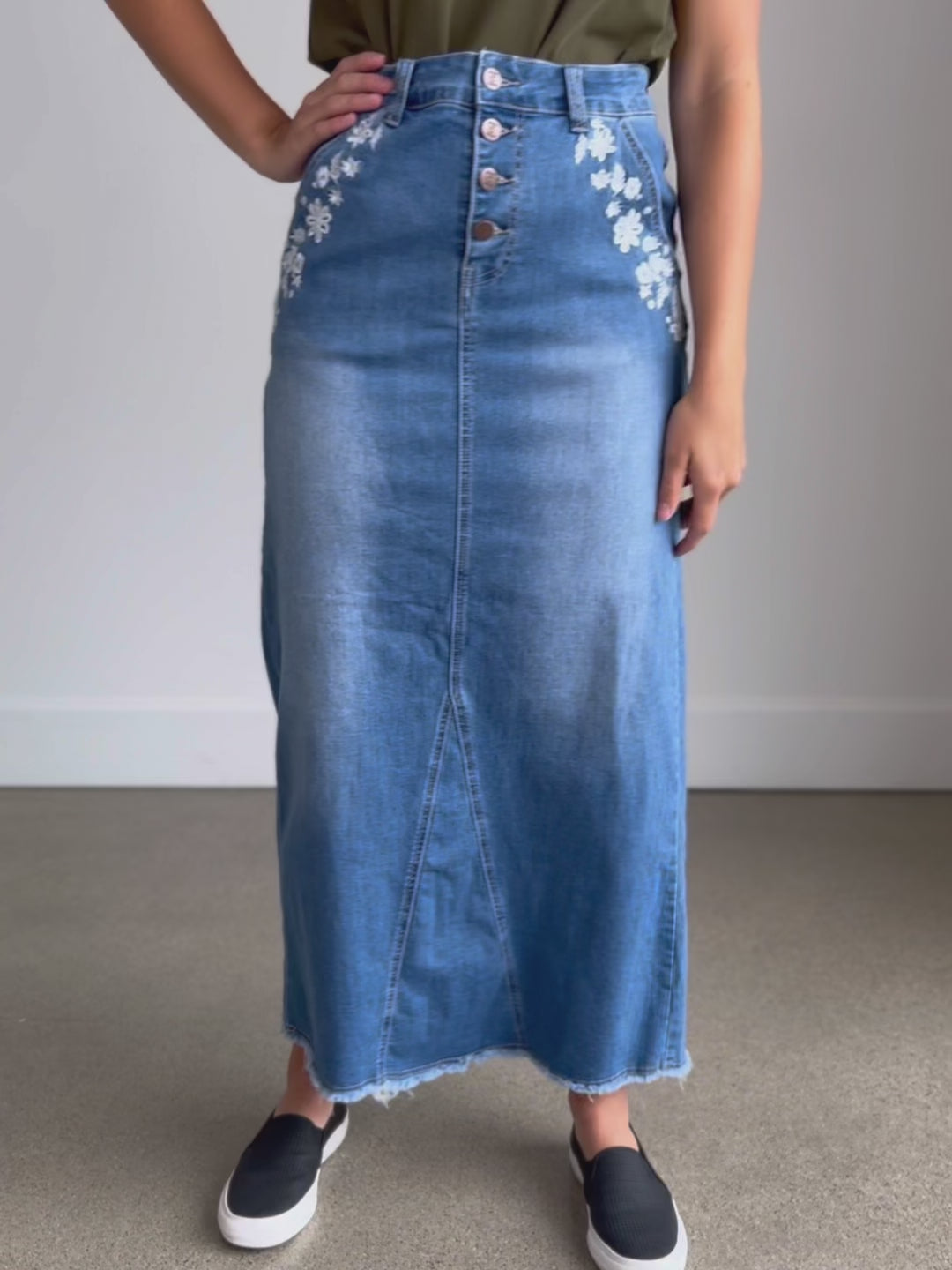 Kayli Long Denim Embroidered Maxi Skirt