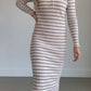 Quarter Button Striped Knit Midi Dress