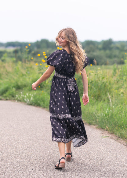 Printed Bubble Sleeve Midi Dress FF Dresses