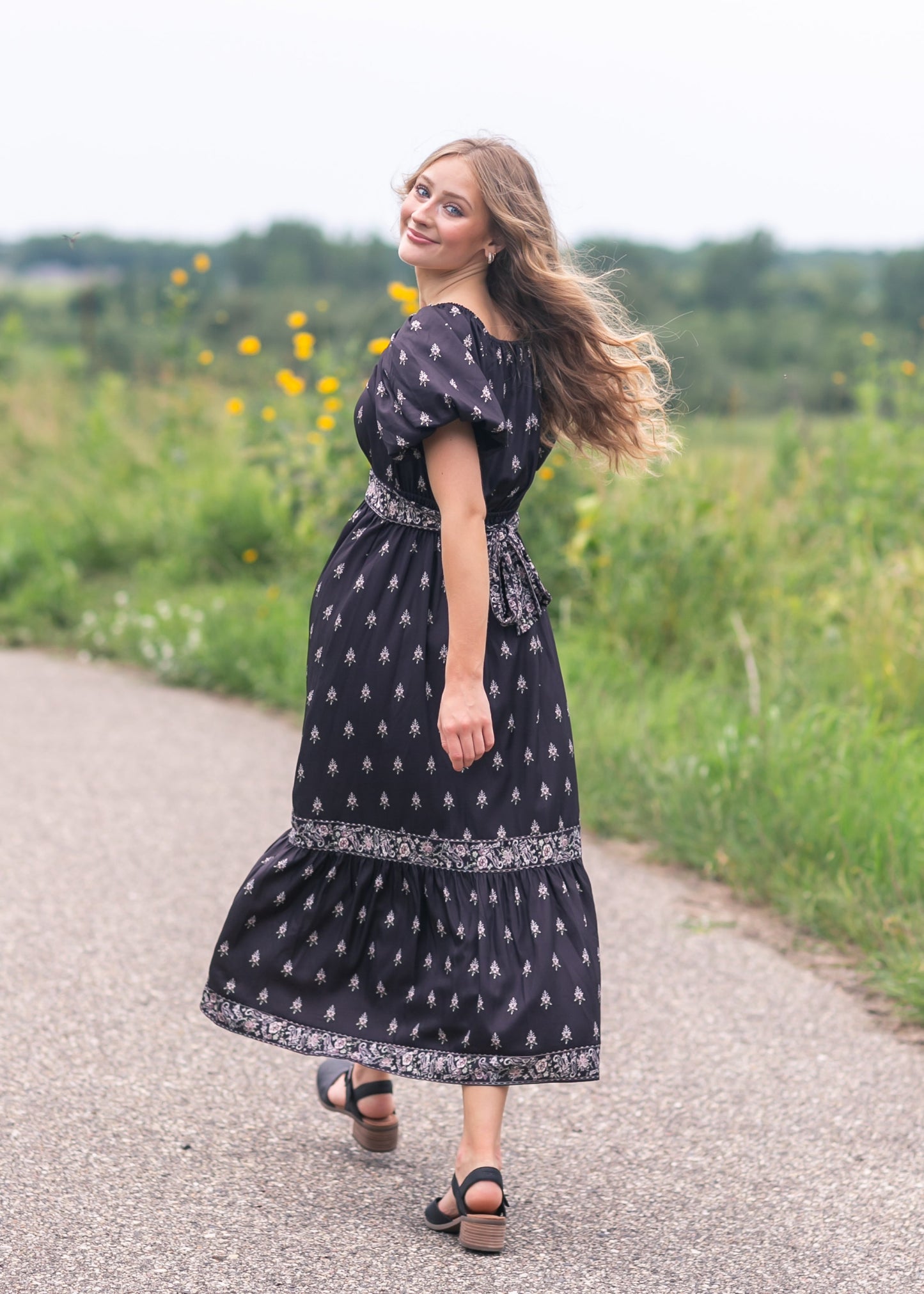 Printed Bubble Sleeve Midi Dress FF Dresses