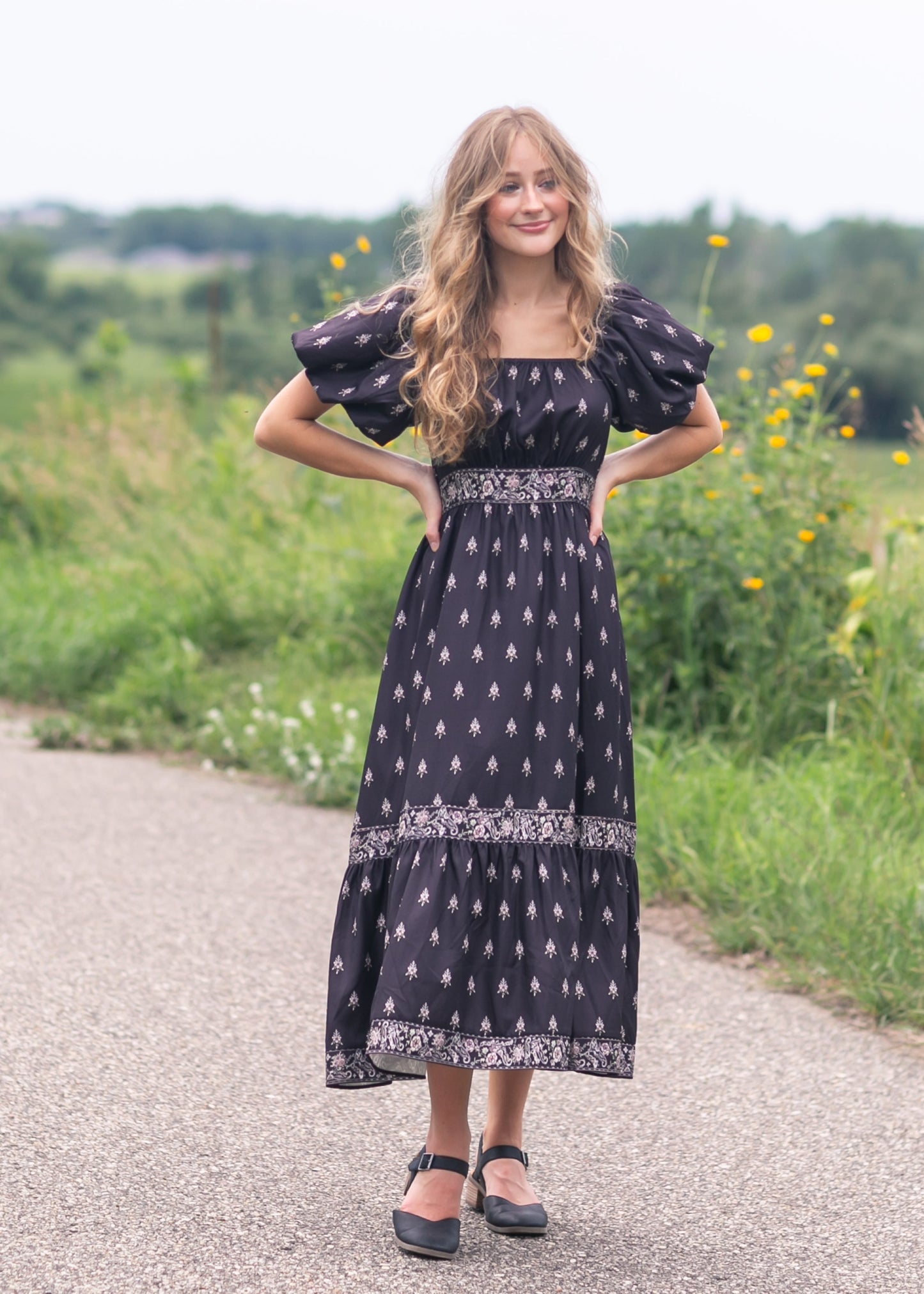 Printed Bubble Sleeve Midi Dress FF Dresses