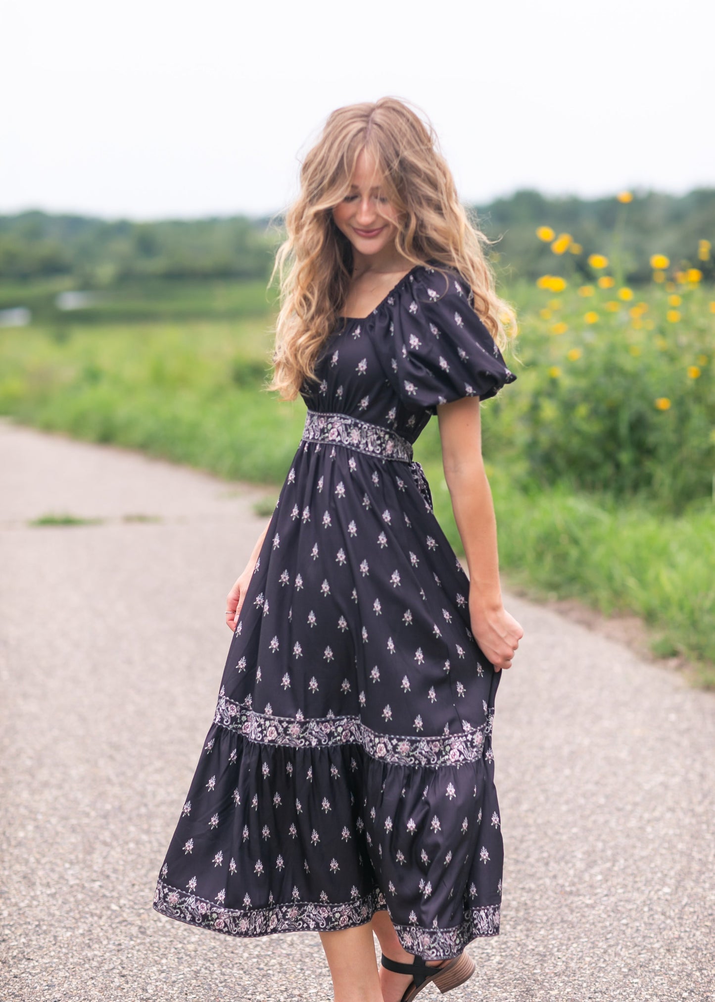 Printed Bubble Sleeve Midi Dress FF Dresses