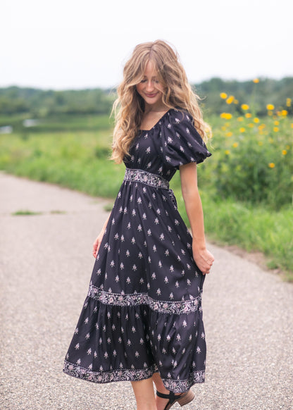 Printed Bubble Sleeve Midi Dress FF Dresses