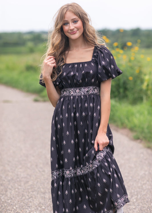 Printed Bubble Sleeve Midi Dress FF Dresses