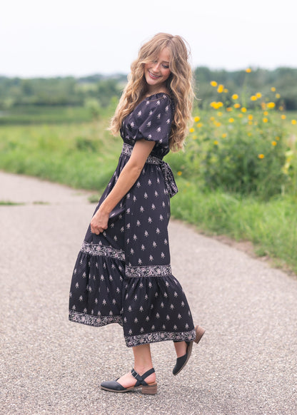 Printed Bubble Sleeve Midi Dress FF Dresses