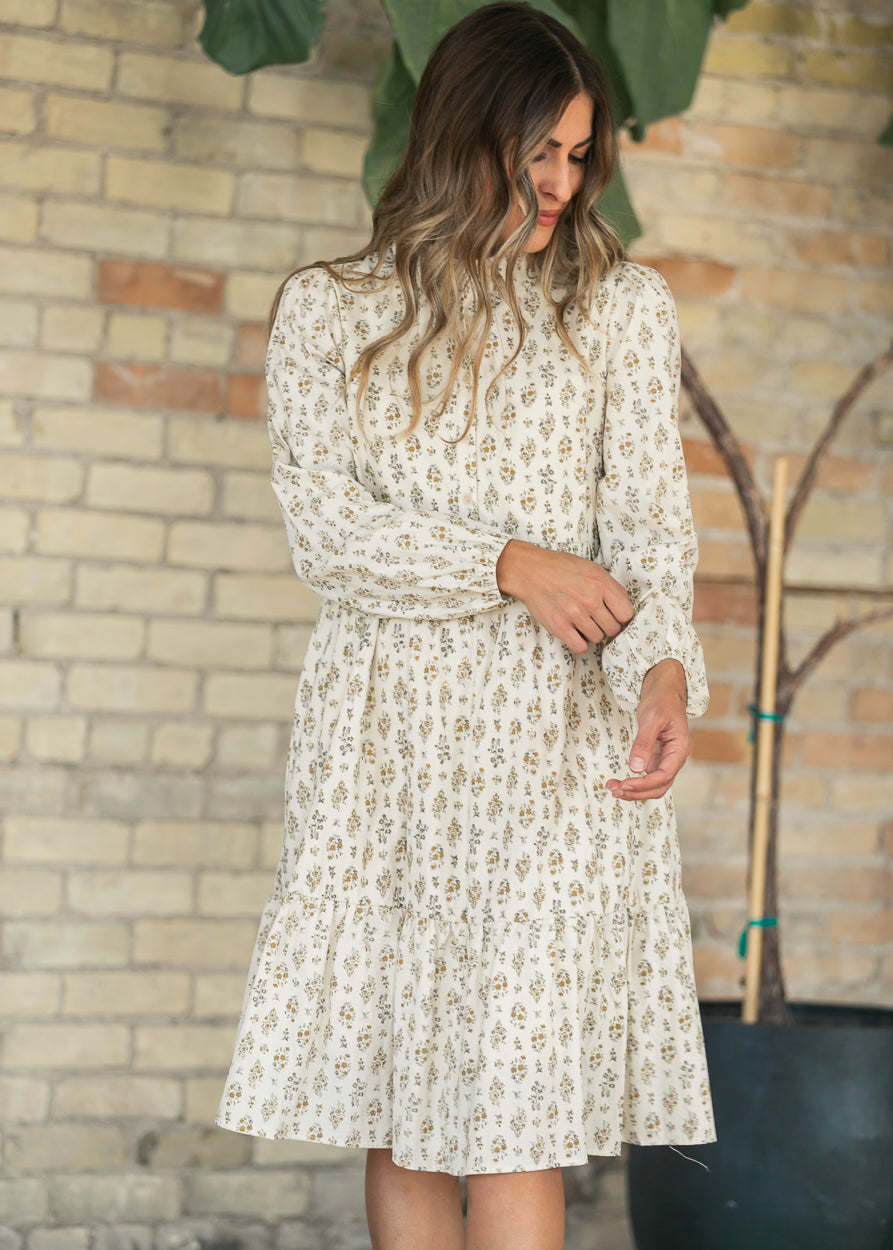 Printed Cotton Half Button Midi Dress FF Tops